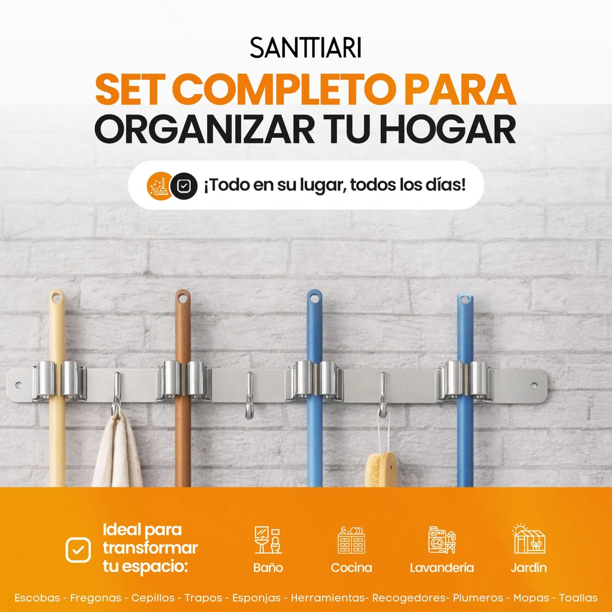 Pack Colgador Escobas y Fregonas + 1 Soporte Escobas Pared Adhesivo+ 4 Ganchos Multiusos | Acero Inoxidable Apto Exterior | Con/sin Taladro (Incluye Adhesivo y Tornillería) | Hasta 15kg