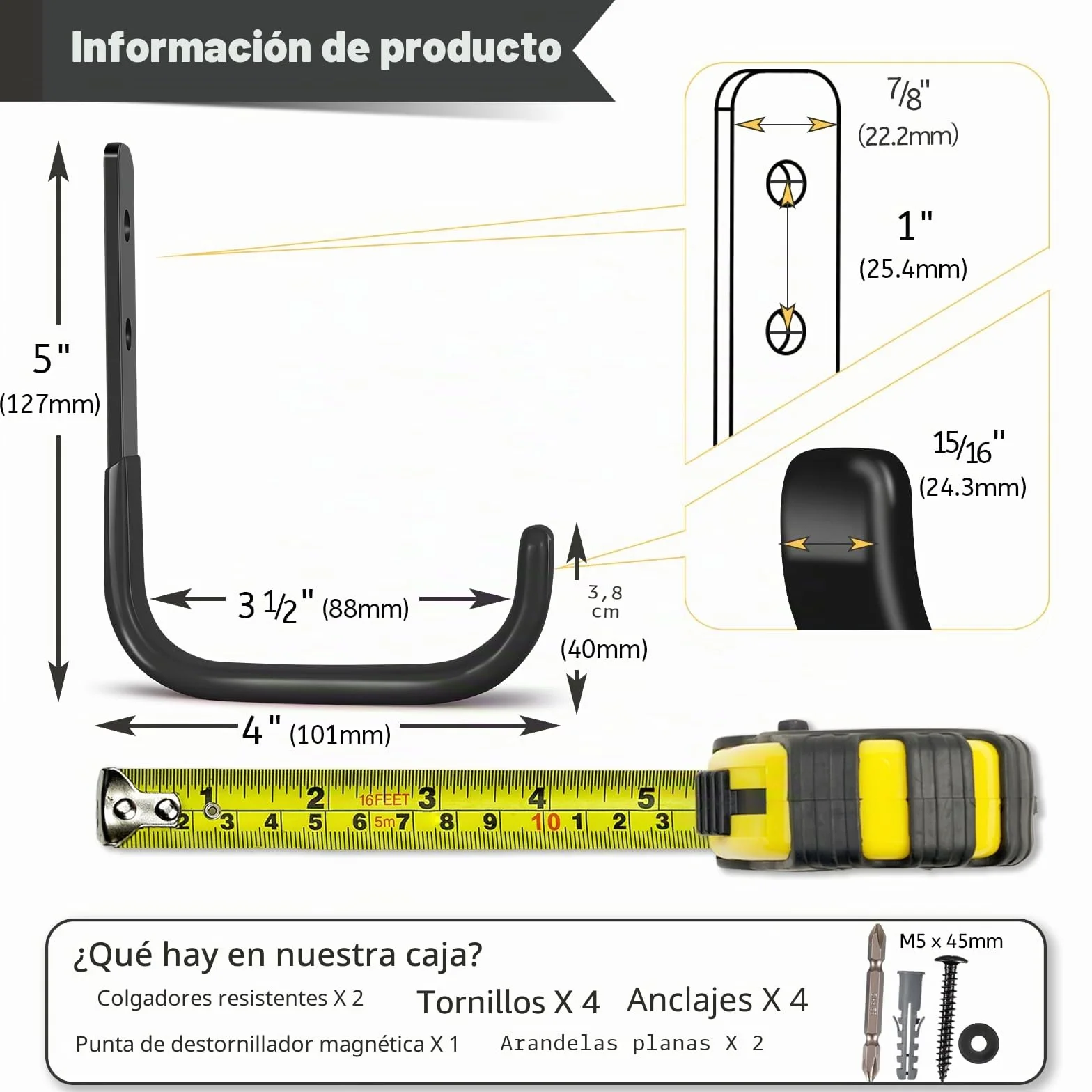 10cm Ganchos Pared, Resistentes para Garaje, Ganchos para Colgar Almacenamiento, en J Soporte Herramientas Pared Multiusos, Ganchos para Colgadores para Equipo Deportivo (2 Piezas, 25 kg)