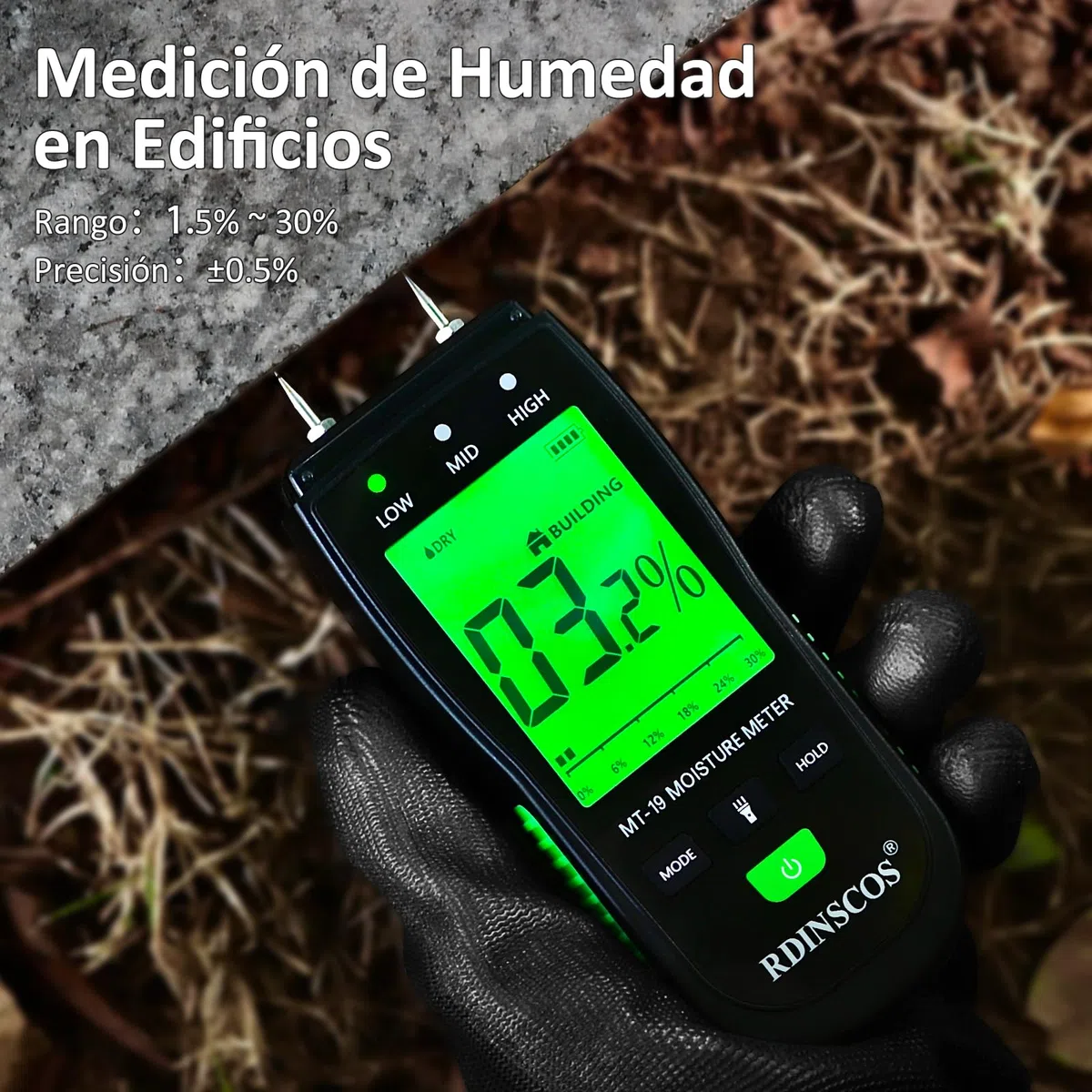 RDINSCOS Medidor de Humedad con Pantalla LCD,Detector de Humedad con Botón HOLD,Alarma para Paredes de Yeso/Madera