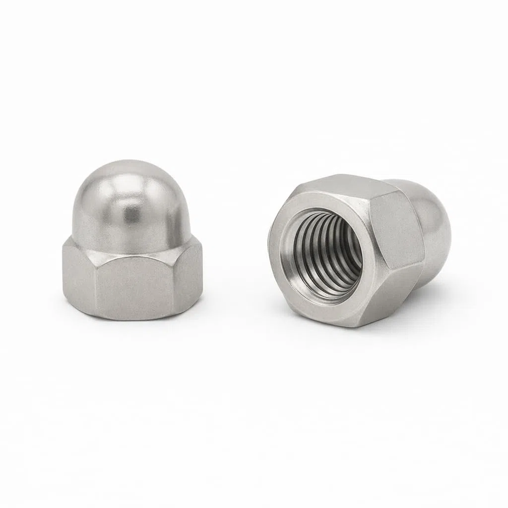 Tuercas ciegas hexagonales DIN 1587. Acero inoxidable (AISI 304). Incluye 50 unidades. Métrico M10. Paso de rosca 1,5 (estándar).