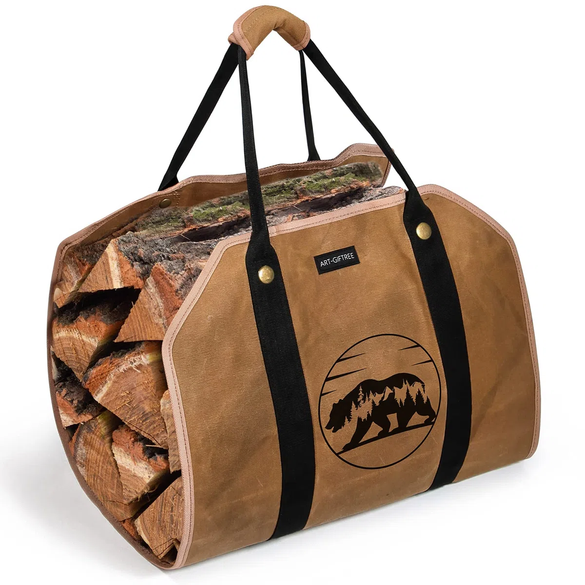 Bolsa grande de lona encerada para leña, 39 x 18 pulg., con asas y soporte de madera resistente para chimenea