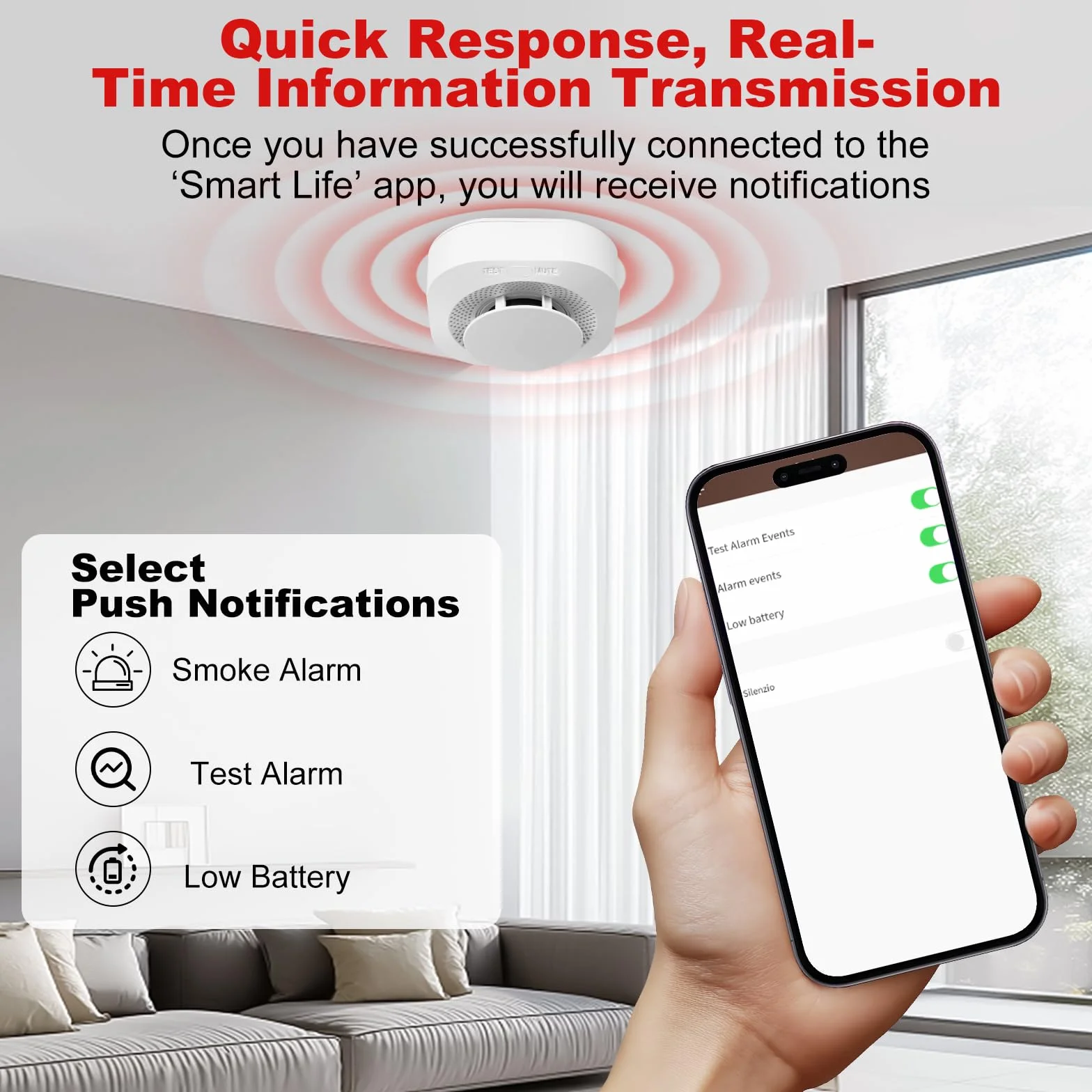 Detector de Humo Wi-Fi con Batería de 10 Años, App y Montaje Magnético, 1 Pieza