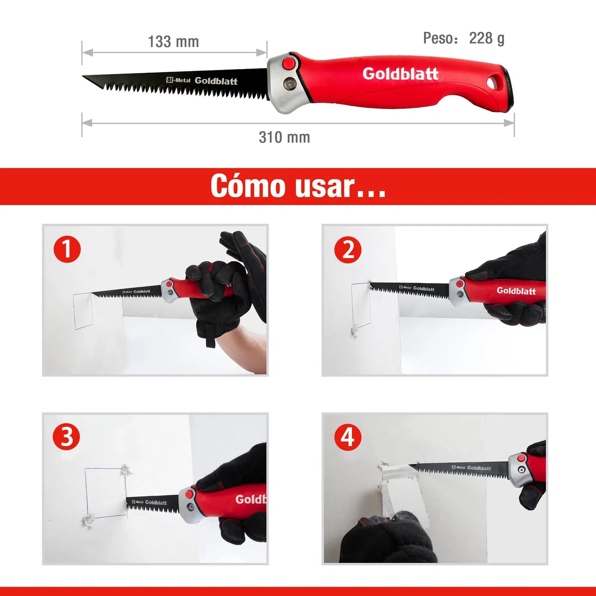 Goldblatt Sierra Plegable 310mm, Serrucho para Cortar Placas de Yeso, Sierra Bimetálica de 8 TPI, 3 Ángulos de Bloqueo, Sierra de Podar con Hoja Curva, Agujero de Colgar