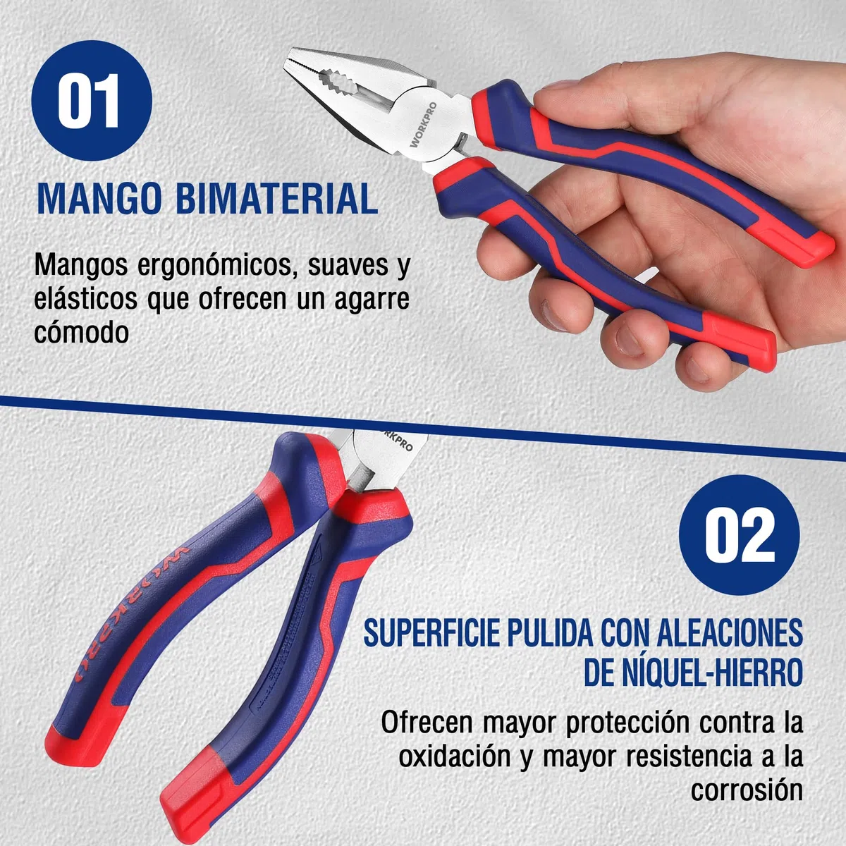 WORKPRO Juego de Alicates, Alicates Profesionales 3 Piezas, Alicate de Punta Larga de 160mm, Alicate de Corte Diagonal de 160 mm, Alicate Combinado de 180 mm
