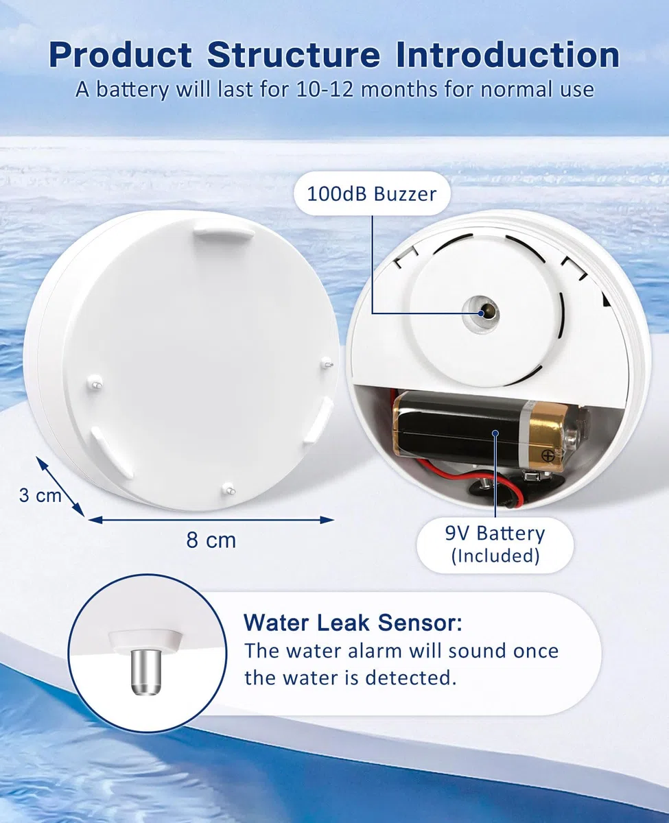 Geevon Paquete de 2 detectores de fugas de agua, alarmas de sensor de agua de 100 dB, detector de inundación para sótanos, baños, lavanderías, cocinas, garajes y áticos, alarmas de agua que funcionan