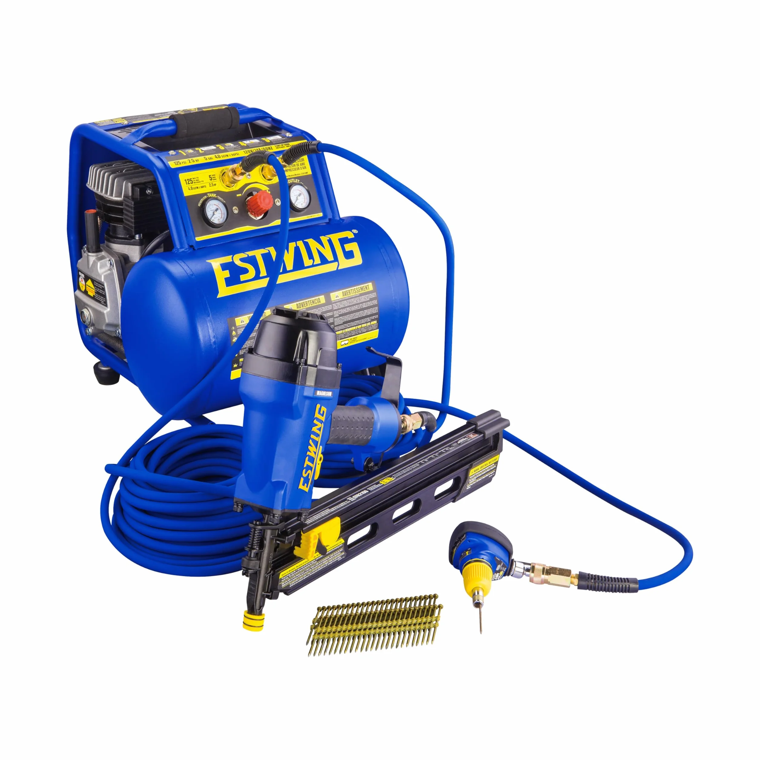 Estwing E1450PVCR 50' PVC/Rubber Hybrid Air Hose with Brass NPT Industrial Fitting and Universal Quick Connect Coupler, Blue and Yellow, 1/4" x 50’