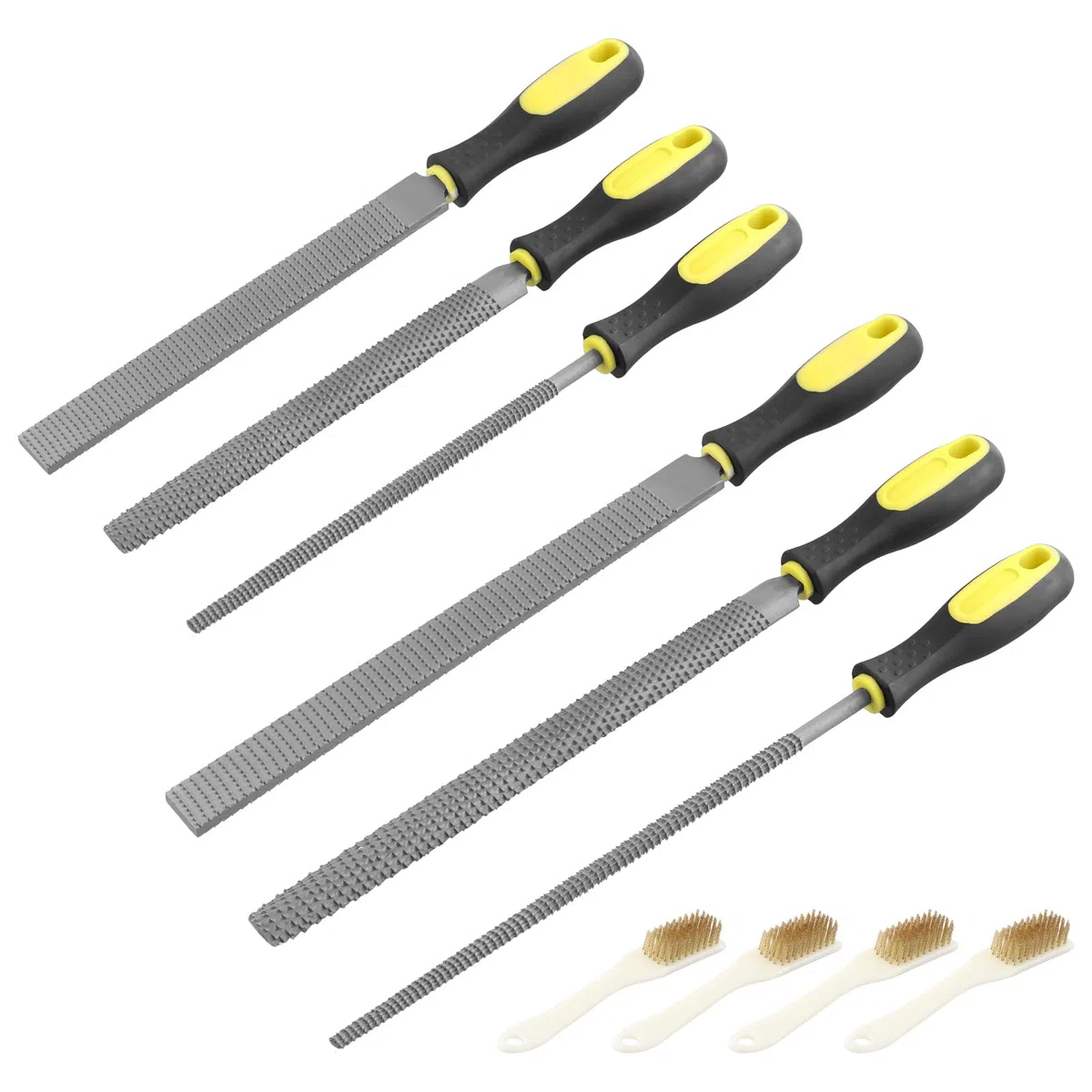 SINJEUN Juego de 6 Limas para Madera, 200 y 250 mm, Acero al Carbono, Redondas y Semicirculares, Mango Antideslizante, con Cepillo