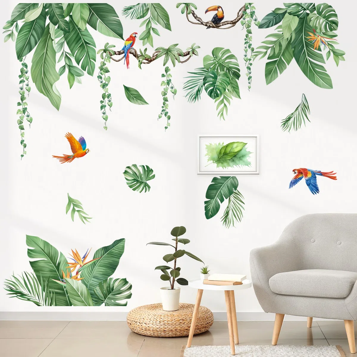 decalmile Pegatinas de Pared Hojas Verde Tropicales Vinilos Decorativos Hojas Hiedra Plantas Colgantes Aves Adhesivos Pared Salón Oficina Dormitorio Habitación