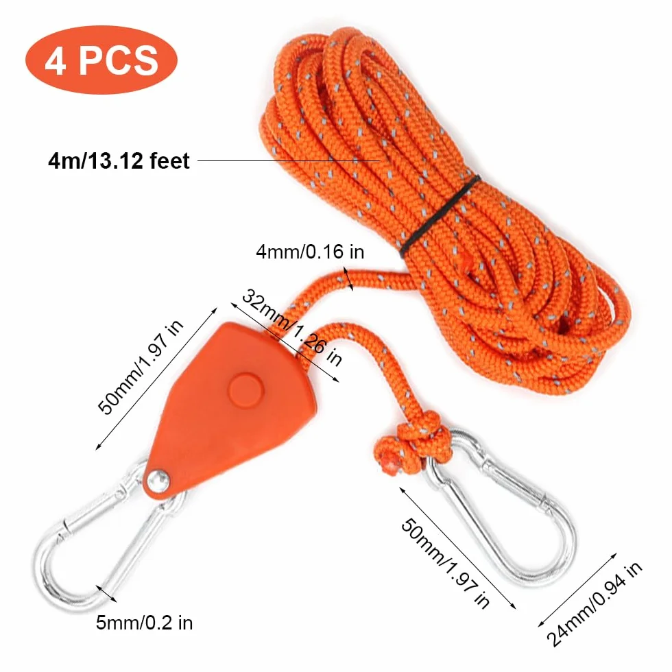 4 Piezas Trinquete para Cuerda Ajustable de 4 m con Gancho, Rope Ratchet 4 mm, Suspensión para Lámpara de Planta, Tienda, Senderismo
