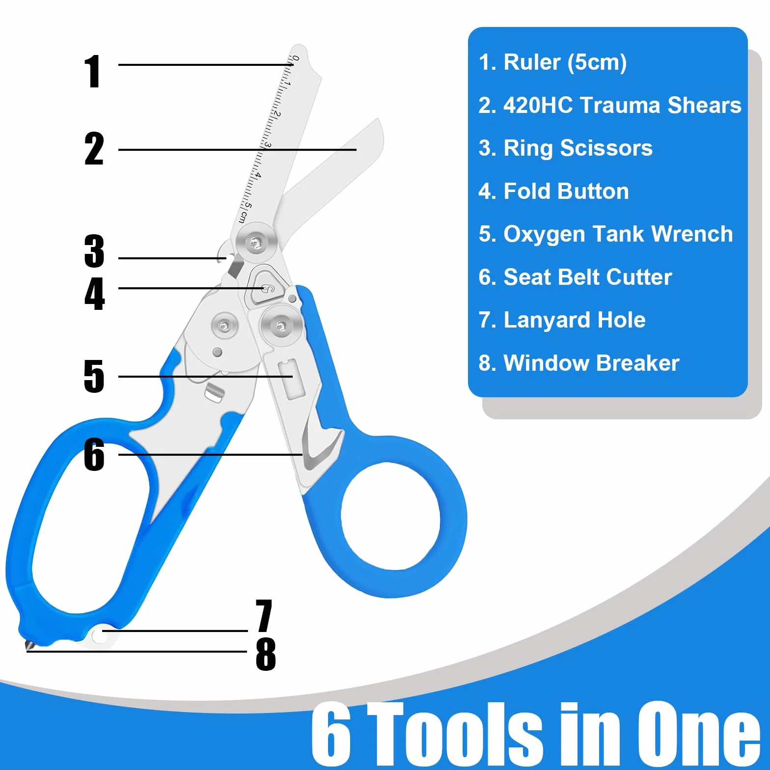 Tijeras de Rescate 6 en 1 Multiherramienta Plegables de Acero Inoxidable, Tijeras de Emergencia y Trauma con Pinzas y Funda, Multifunción para Uso Profesional y Servicios de Rescate