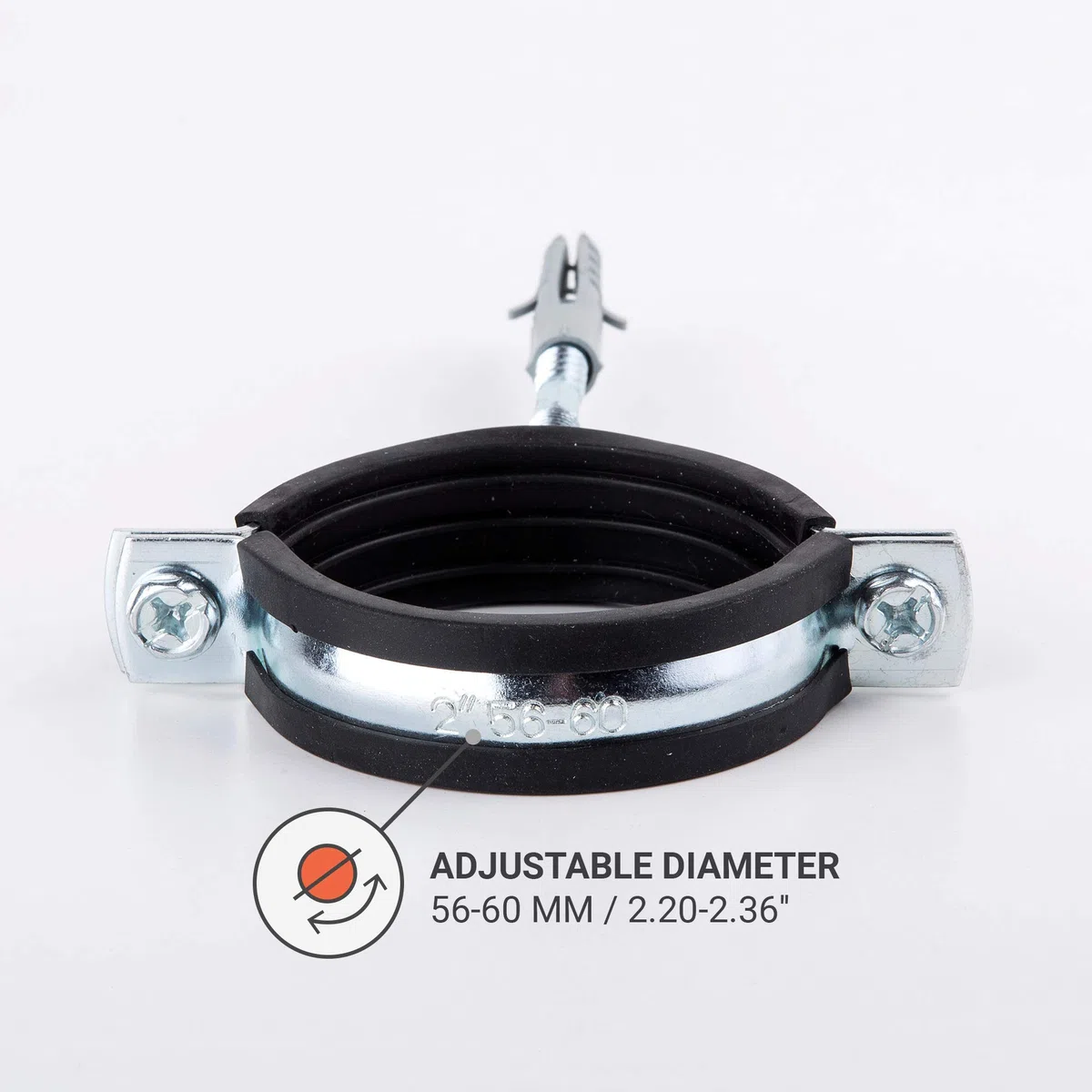 (Paquete de 2 uds.) Soportes de tubo de metal único antivibraciones Clips Abrazaderas Revestimiento de goma para tubos de Ø 56-60 mm (2)