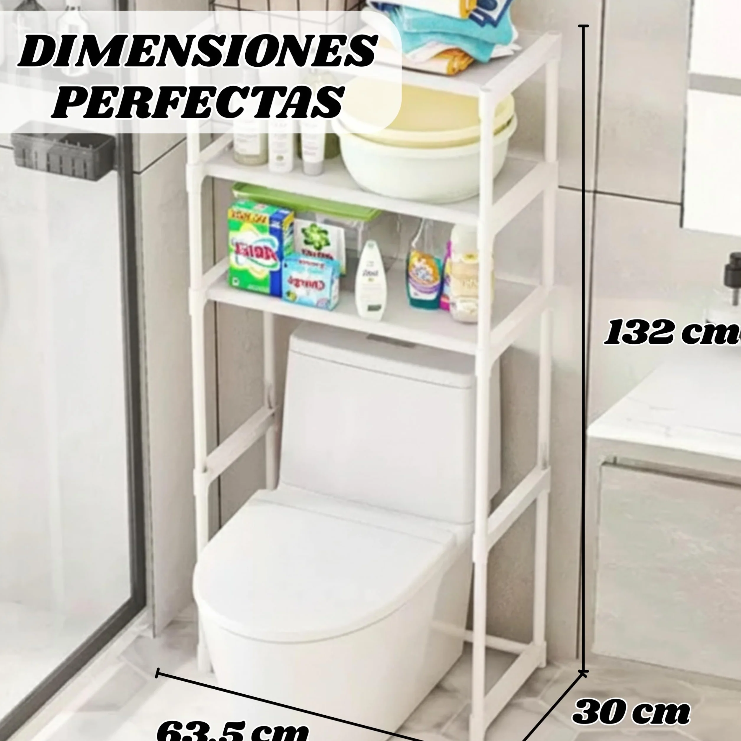 Weida | Estantería Baño-Lavadora | con 2 Baldas de Almacenamiento | Estructura metálica Resistente, diseño Moderno y Compacto para Ahorrar Espacio | Color Blanco (63.5cm-30cm-132cm)