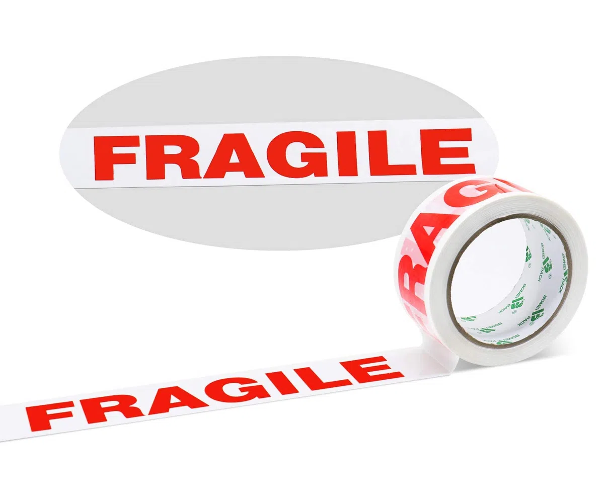 BOMEI PACK Cinta de Embalaje Frágil con Dispensador, 48mm x 66m, Paquete de 6 rollos - Cinta de Embalaje Fuerte Para Uso Regular o Para Mudanza - Sella Fácilmente tus paquetes y cajas