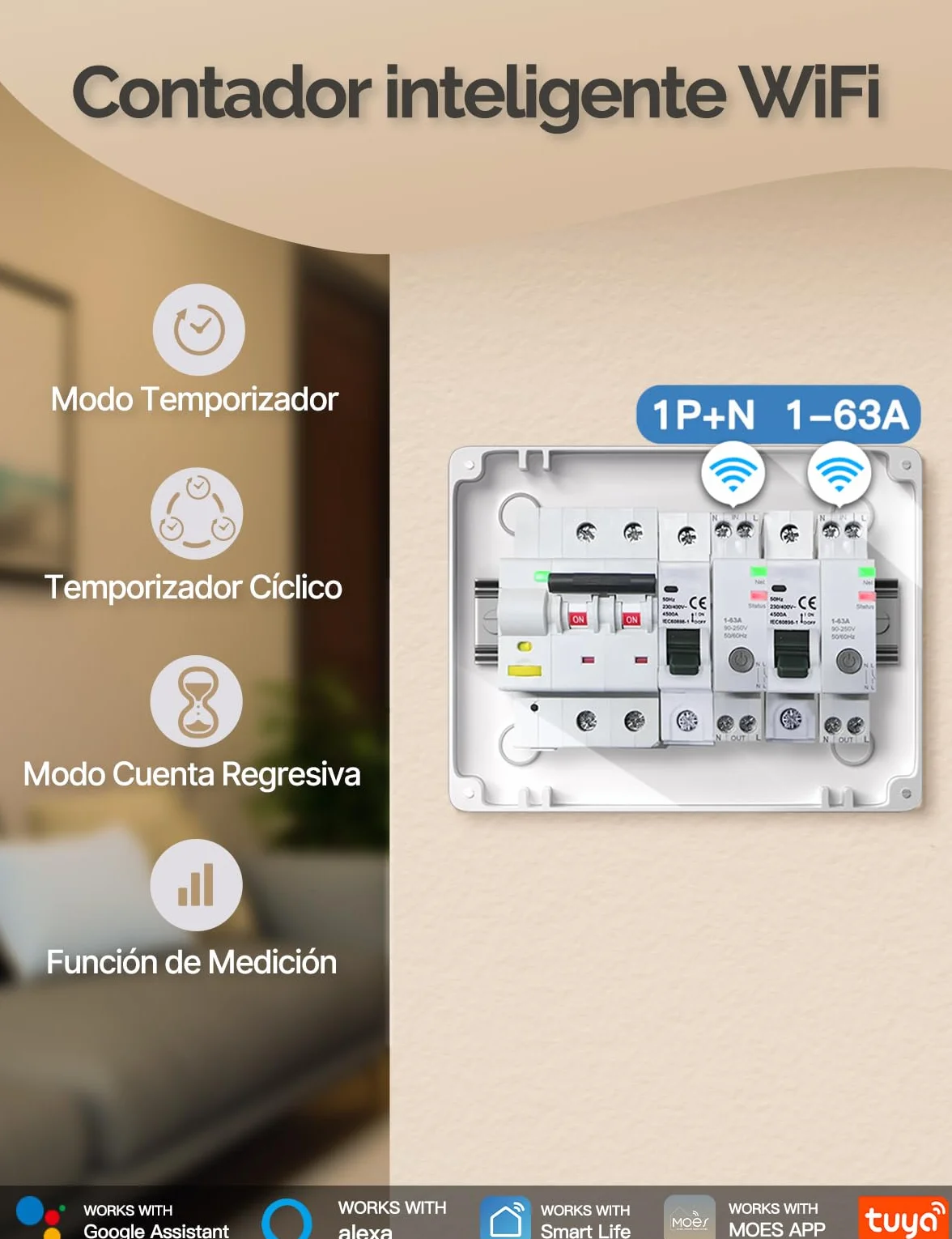 MOES Interruptor WIFI Disyuntor Inteligente Inalámbrico para Riel DIN 1P 16A con Función de Medición, compatible con Alexa/Google Home/Smart Life/Tuya App, Protección contra Sobrecorrientes