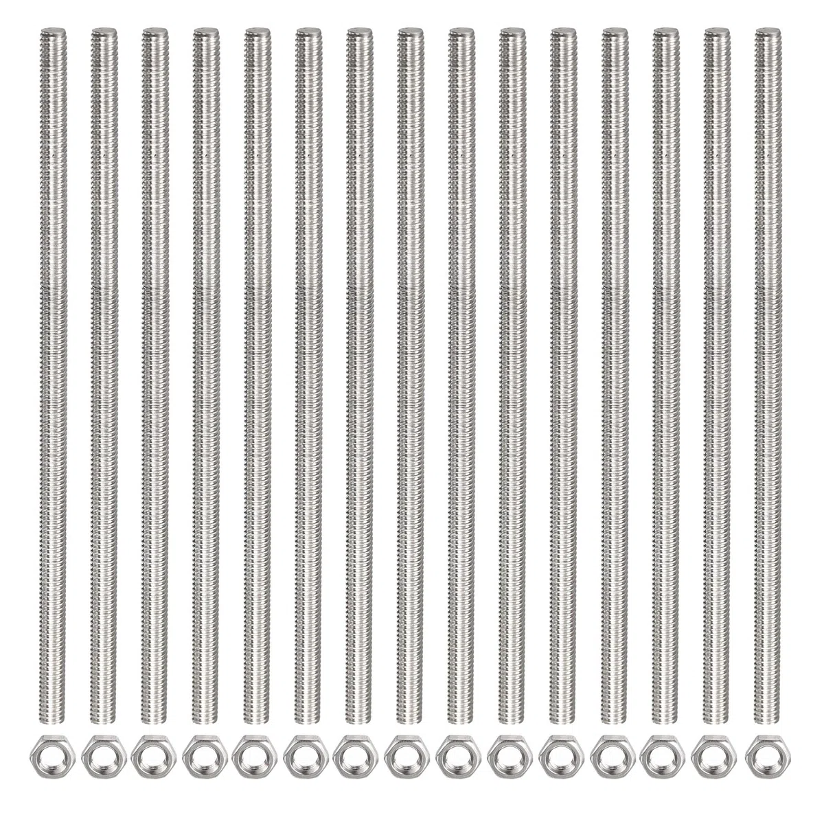 Varilla Roscada Completamente (con 15 Tuercas Hexagonales) Varillas Roscadas de Acero Inoxidable [para Ensamblaje] - M3 X 200mm Paso de 0.5mm / Plateado / 15 Piezas