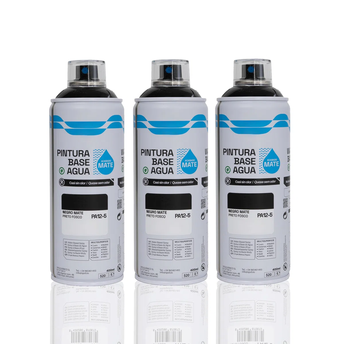 BESCH Pintura en Spray Base Agua 400ml – Ecológica, Sin Olor, para Madera, Plástico, Metal y Cartón – Cobertura Uniforme y Secado Rápido - Negro Mate, Pack de 3 unidades