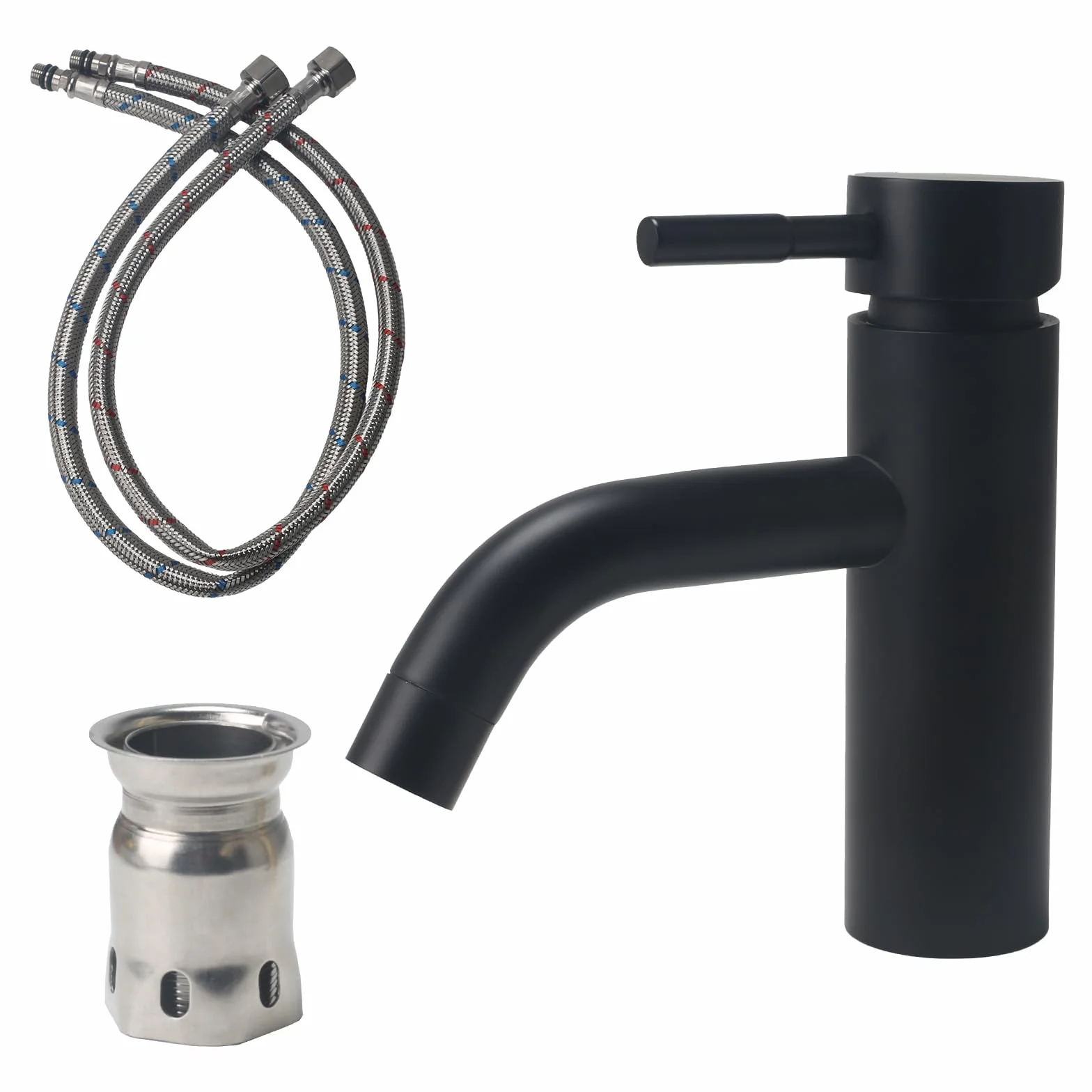 Grifo Lavabo Acero Inoxidable, Grifo Baño con 2 Manguera, Baño Lavabo Núcleo de Válvula de Cerámica, Mezclador Monomando Lavabo para WC de Visitas (Negro)