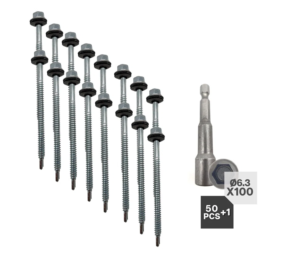 DOJA Industrial | Tornillos Autotaladrantes 6,3x100 + Vaso Taladro M10 | PACK 50 de Tornillo Autoperforante Autorroscante Hexagonal + 1 Llave de Vaso Torx | Para Chapas Metalicas, Tejado, Aluminio.