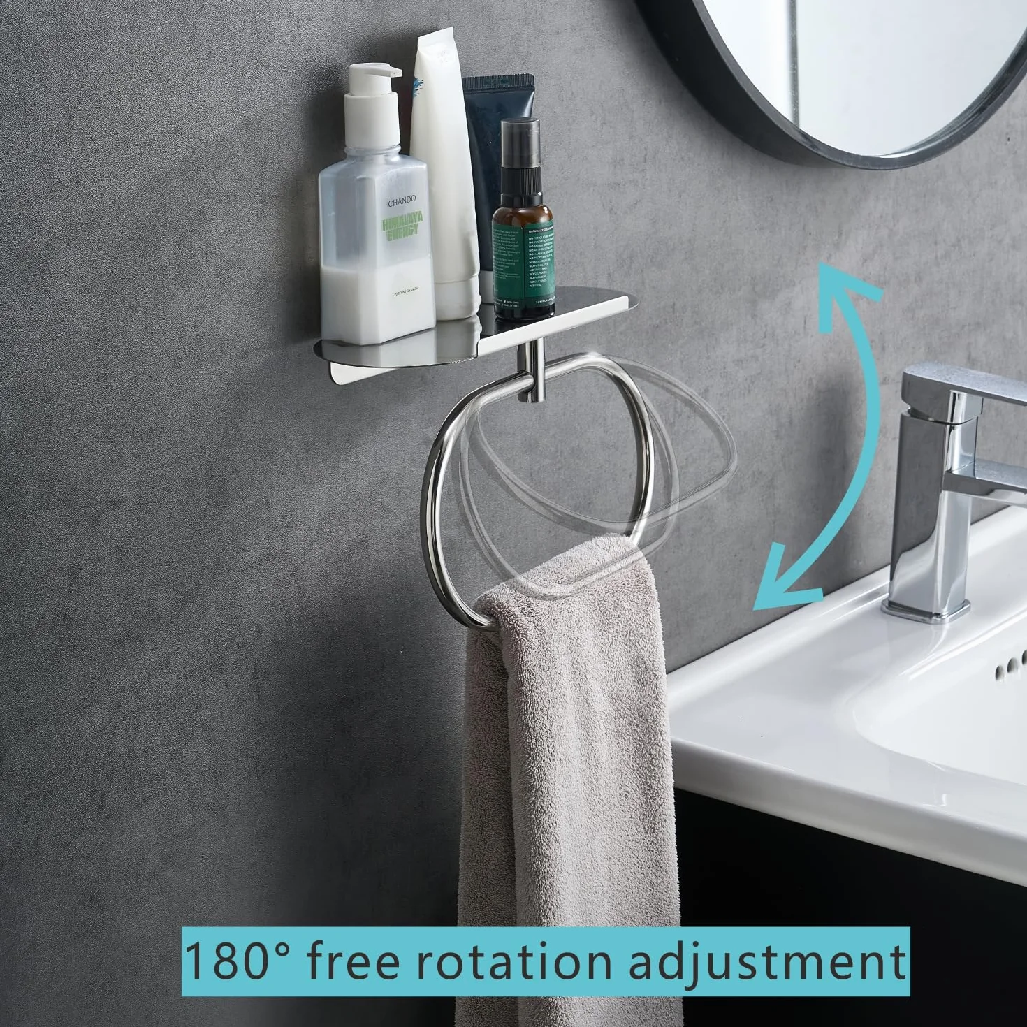 Anillo de Toalla con Estante de Acero, Soporte Adhesivo de Acero Inoxidable, Anillo de Toalla de Mano Autoadhesivo para Baño, Colgador de Toallas Montado en la Pared para Baño (Cromado)