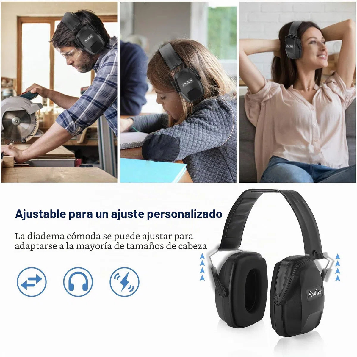 Procase Orejeras Profesionales de Reducción de Ruido, SNR 34 dB Cascos Ajustables Antiruidos para Disparos, Orejeras con Bloqueo de Sonido para Caza, Maquinaria de Construcción, Trabajo, Siega -Negro