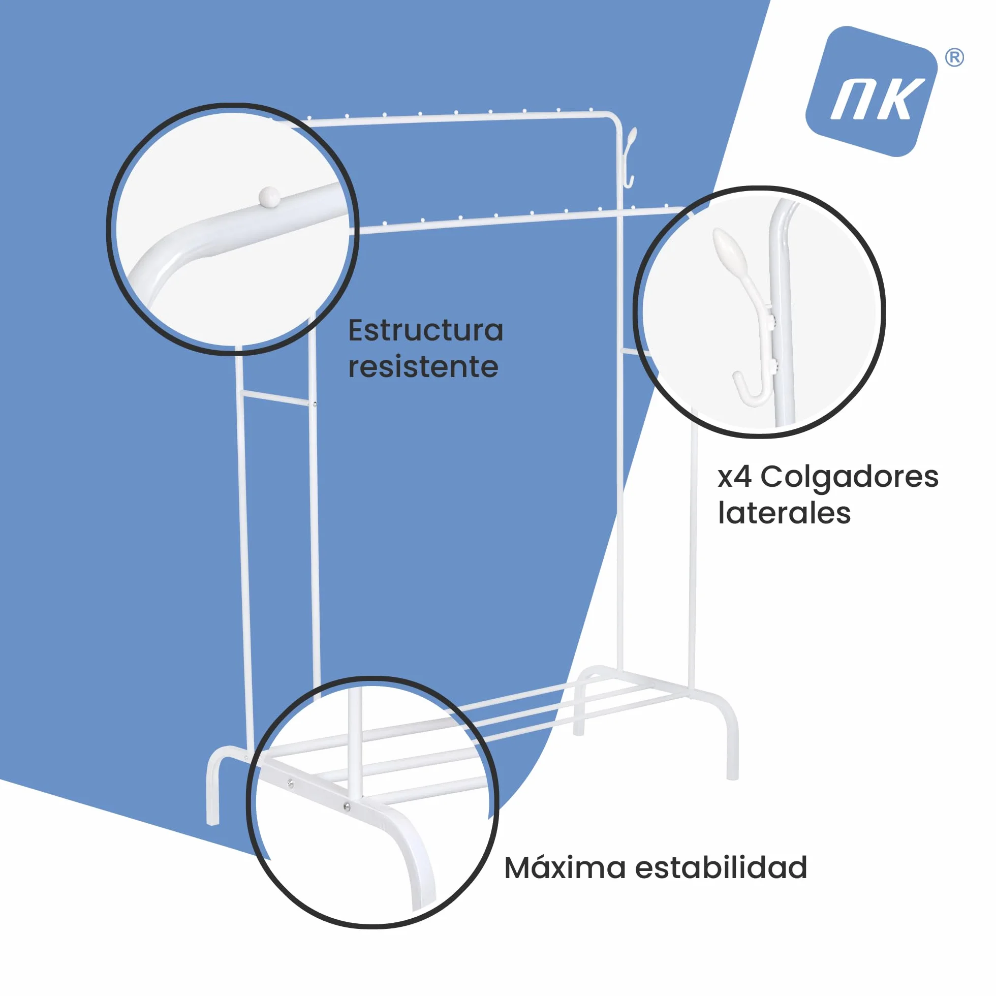 NK Burro Ropa Resistente – Estructura Hierro Blanco, 150x110x54cm, Soporte hasta 50kg, 4 Colgadores Laterales, Base inferior, Fácil Montaje, Perchero Burro Ropa