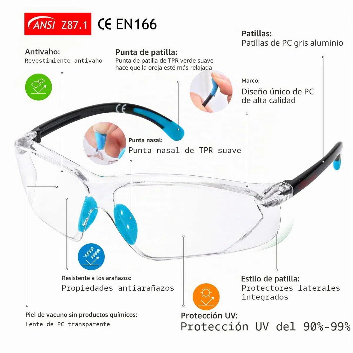 SAFEYEAR Mujer Gafas de Seguridad antirrayas, EN166, Certificación SG003, Antivaho, Protección UV, para Mujeres, Antivaho, Z87