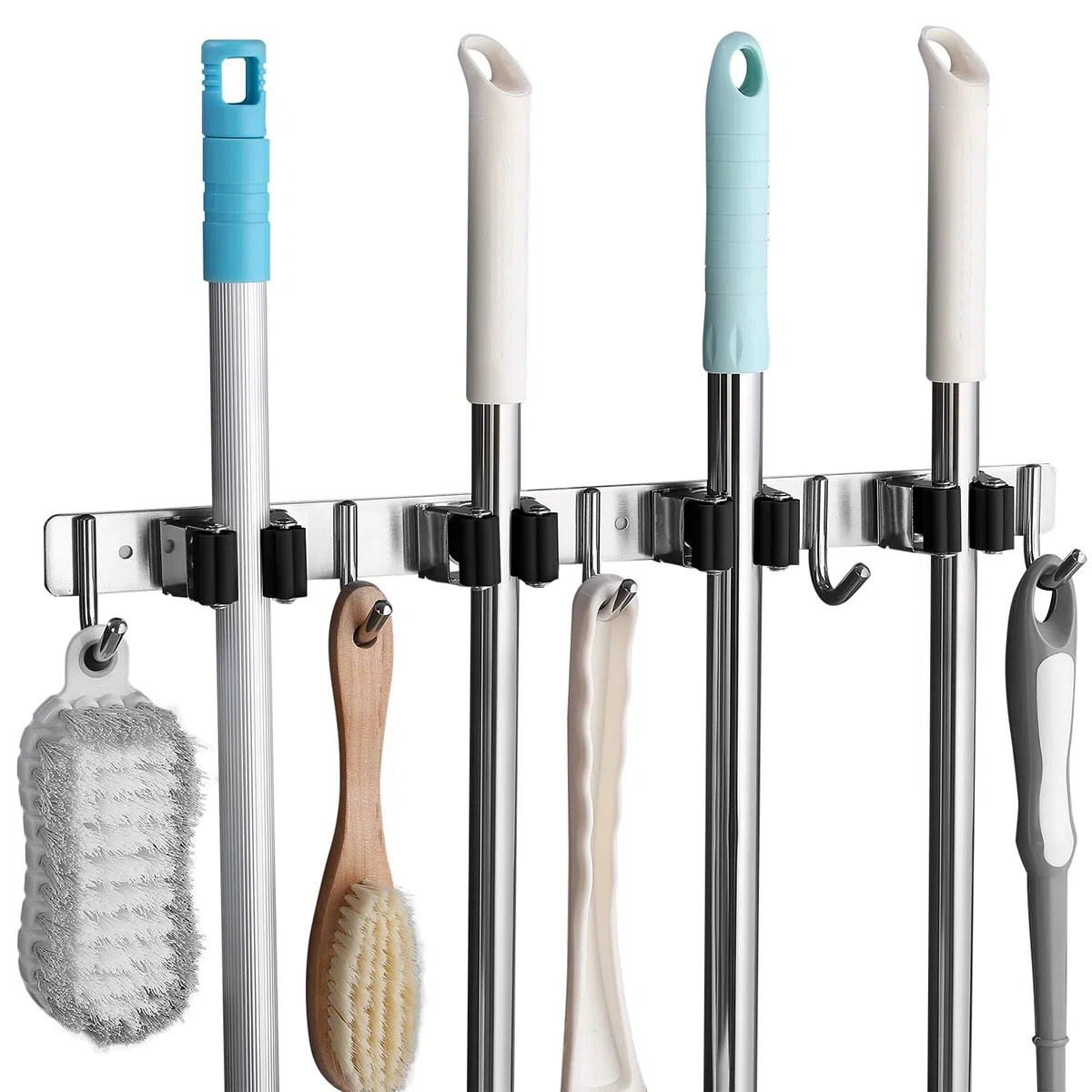 Colgador de Escobas y Fregonas Acero Inoxidable, Soporte de Escobas con 4 Posiciones y 5 Ganchos para Cocina, Baño, Garaje y Jardín, Negro