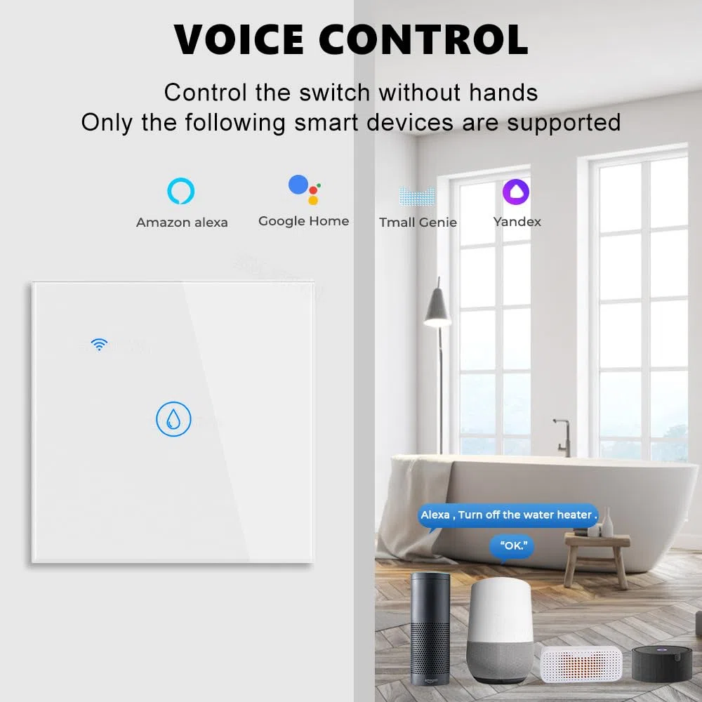 WiFi Smart Heater Timer Switch Wall Touch Boiler Switch Compatible con Alexa, Home, Smart Life App (Blanco, 40A 8000W)