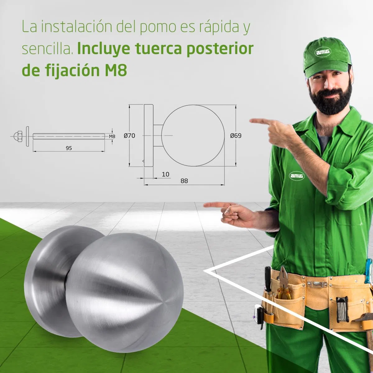 Amig - Pomo de Puerta - Fabricado en Acero Inoxidable - Tirador: Ø70 mm - Plateado - Resistente al Frotamiento, Óxido y Corrosión