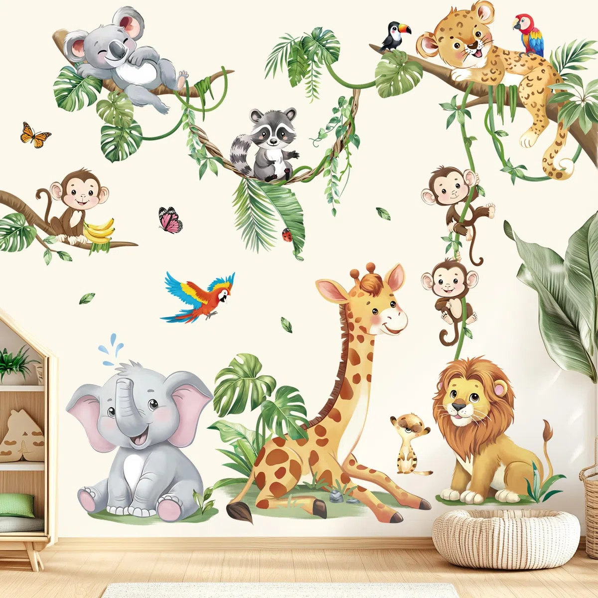 decalmile Pegatinas de Pared Animales de la Jungla Rama Árbol Vinilos Decorativos Safari Jirafa Elefante León Mono Adhesivos Pared Habitación Infantiles Niños Bebés Guardería