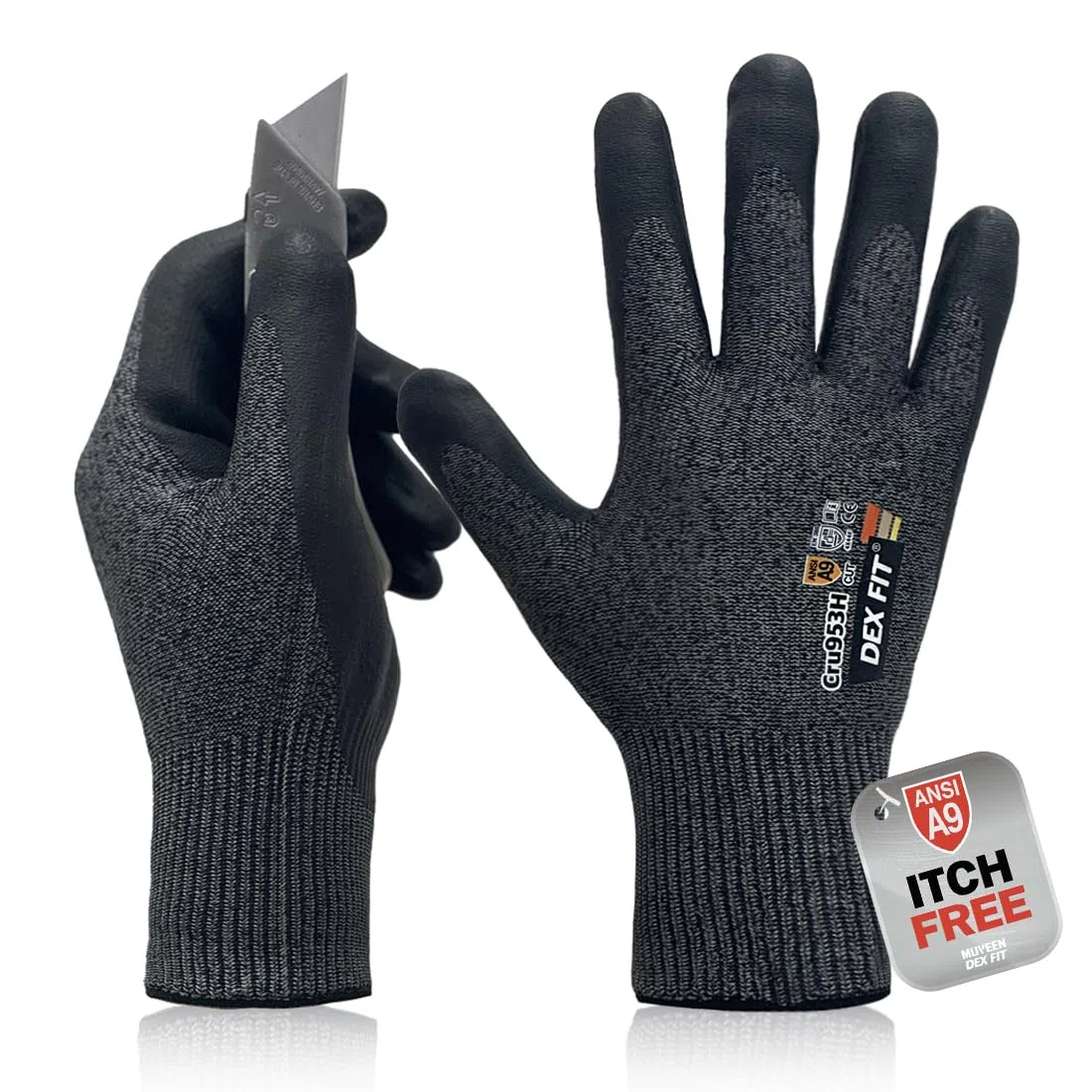 DEX FIT Guantes anticorte Cru953H, ANSI A9, EN388 4X44F, sin fibra de vidrio, Power Grip de nitrilo espumado (base agua), ajuste 3D, táctiles, lavables, 13-gauge; Blackgrey M 1 Pair