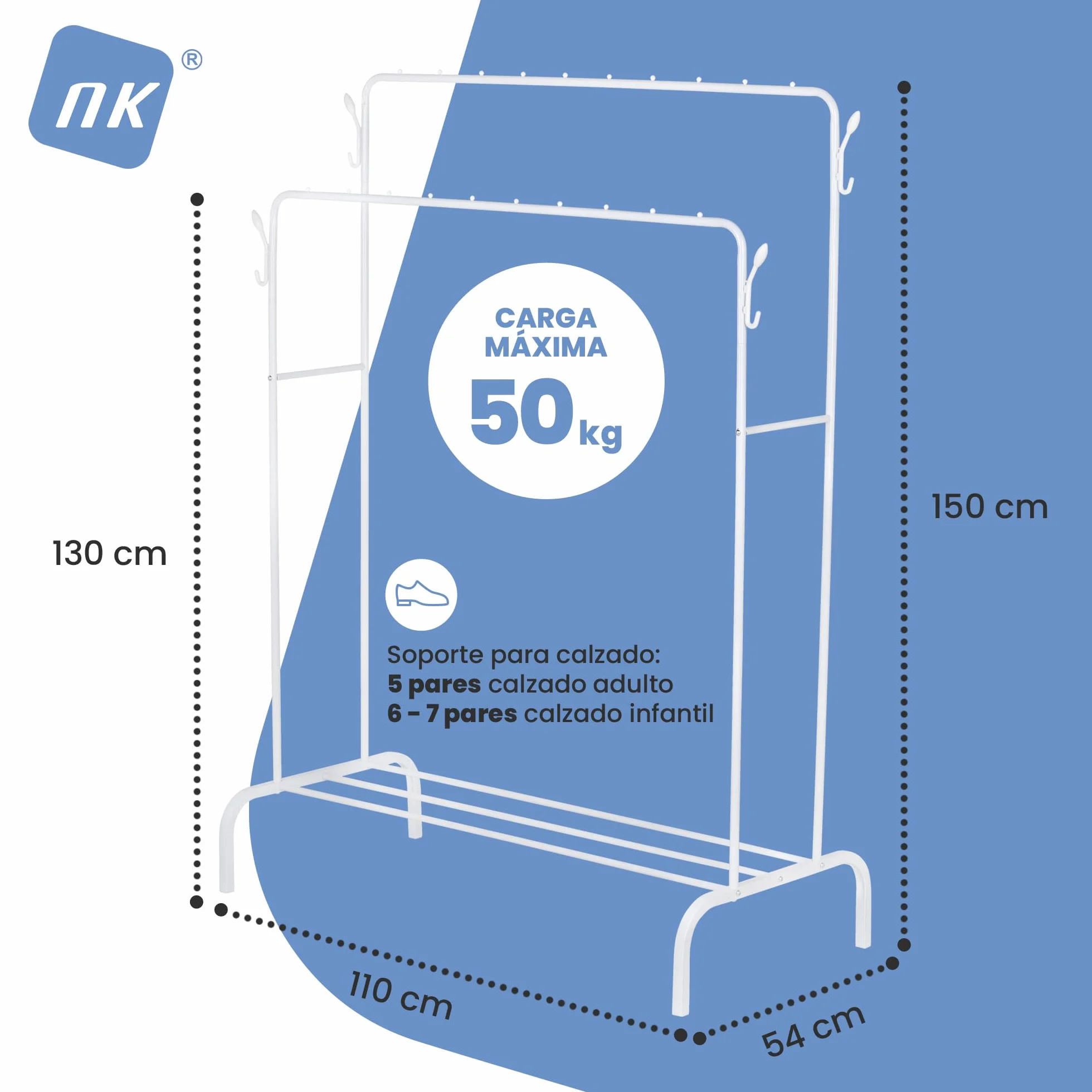 NK Burro Ropa Resistente – Estructura Hierro Blanco, 150x110x54cm, Soporte hasta 50kg, 4 Colgadores Laterales, Base inferior, Fácil Montaje, Perchero Burro Ropa