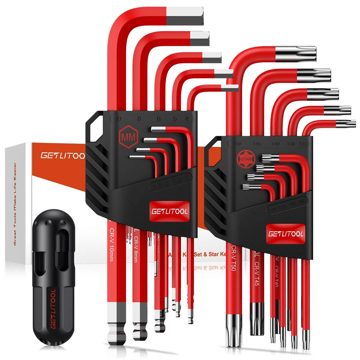 GETLITOOL 18pcs Llave Allen y Llave Torx T10-T50 Juego de Llave Allens Profesional con Punta Redonda, Hexagonal Acero al Cromo Vanadio para Reparación de Bicicletas, Montaje de Muebles