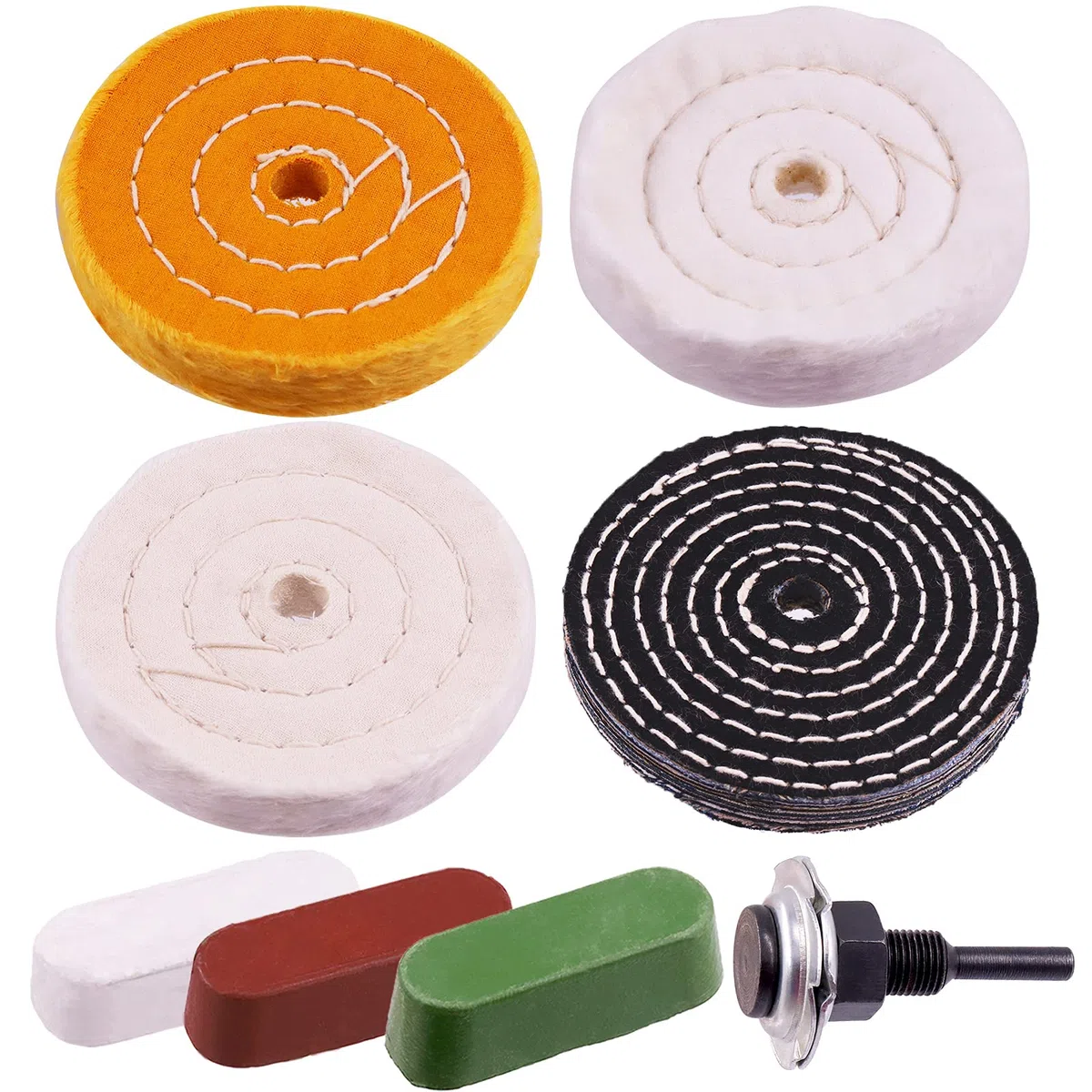 Swpeet Juego de 7 almohadillas de pulido de 4 pulgadas con 3 compuestos de pulido y vástago de taladro de 1/4 pulgadas, algodón blanco (50 capas), algodón amarillo (36 capas), franela (30 capas),