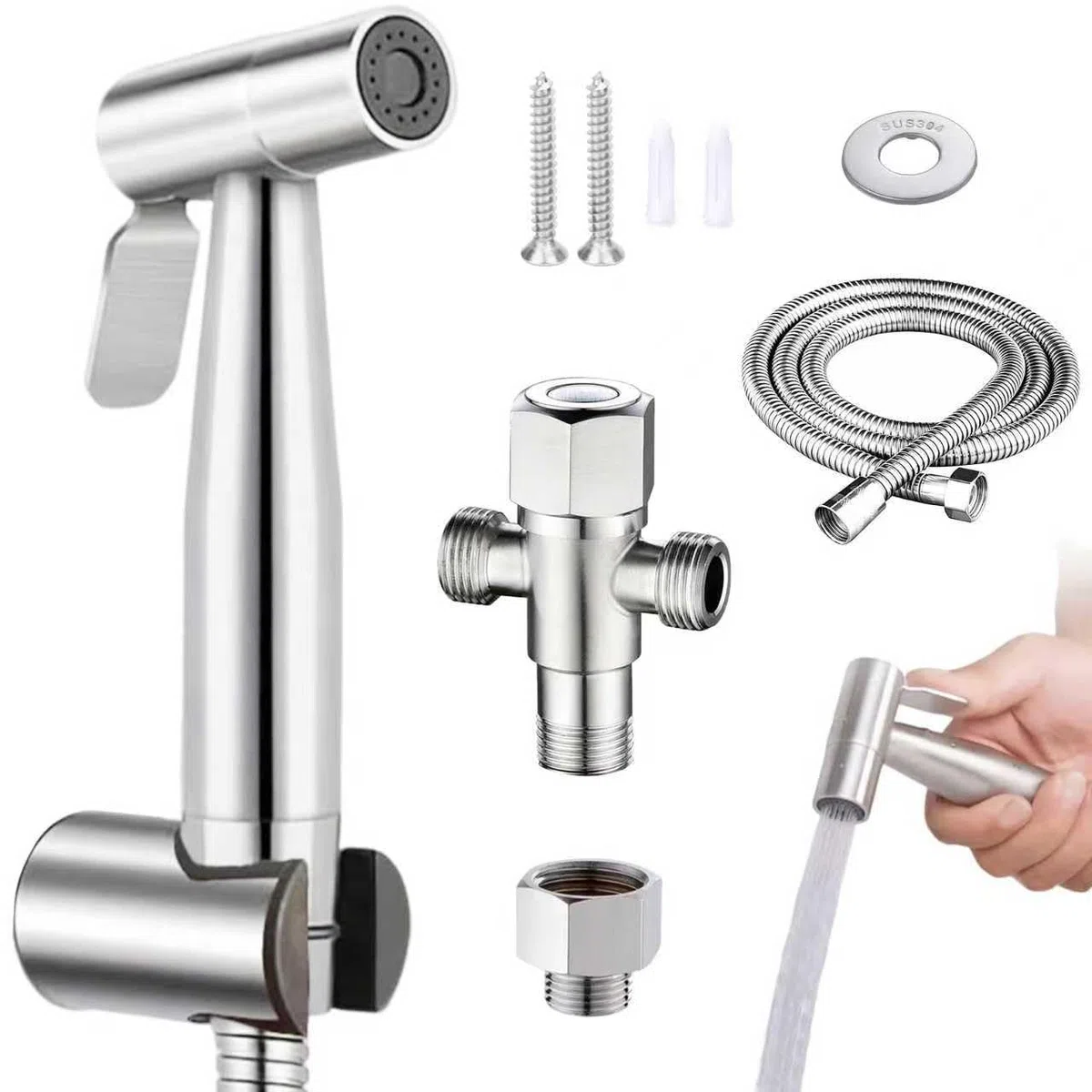 Ducha para bidé con convertidor 1/2" a 3/8" y manguera 1,5m, Duchita para bidé, Limpiador para WC – Bidet portátil en acero inoxidable, ducha para lavabo, bidé para WC