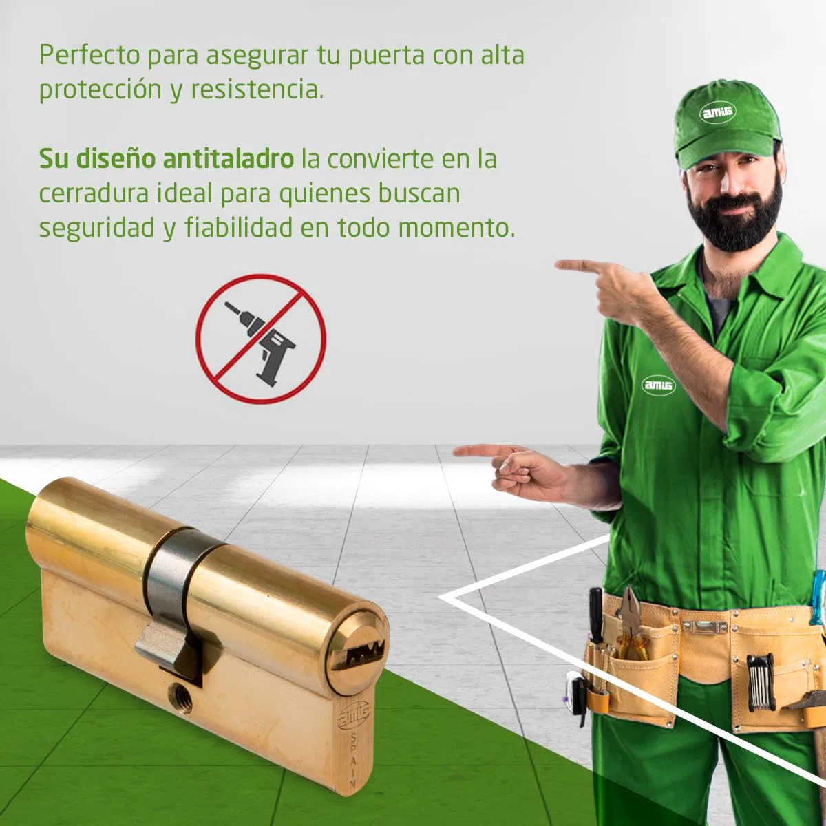 Amig - Cilindro de seguridad Mod. 9800 - Cerradura para puertas - Leva larga de 15mm - Sistema antitaladro - Incluye 5 llaves - Dorado - Medidas: 70 (30-40 mm)