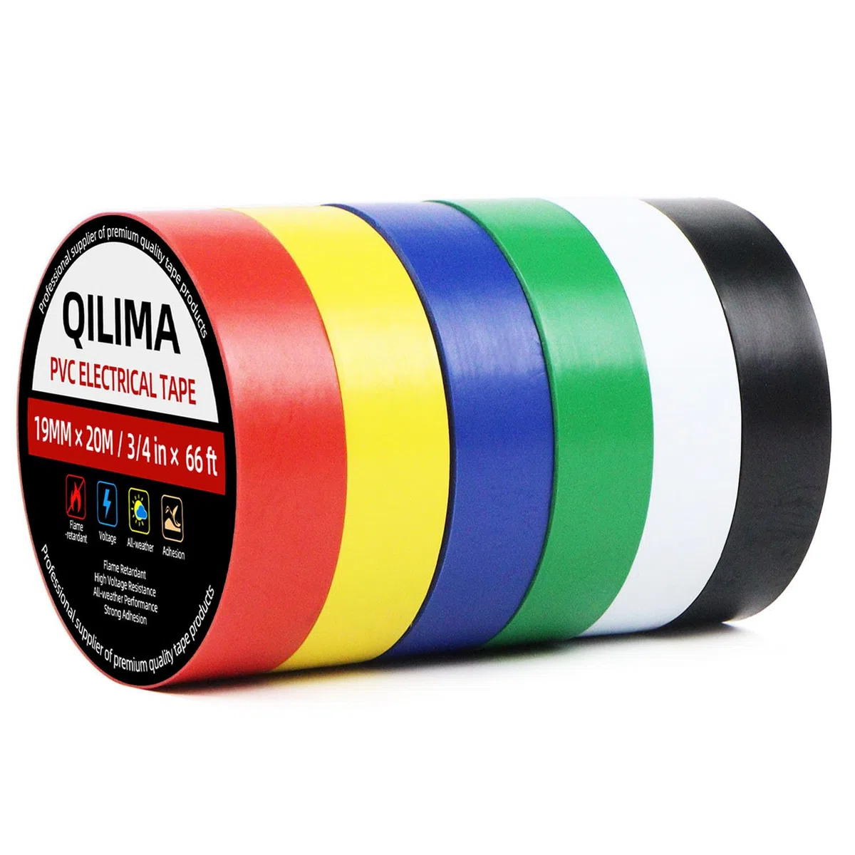 QILIMA Cinta aislante multicolor, 19 mm x 20 metros, paquete de 6 Cinta aislante de PVC autoadhesiva muy flexible, resistente a la abrasión y fuerte para agrupar, reparar y proteger cables.