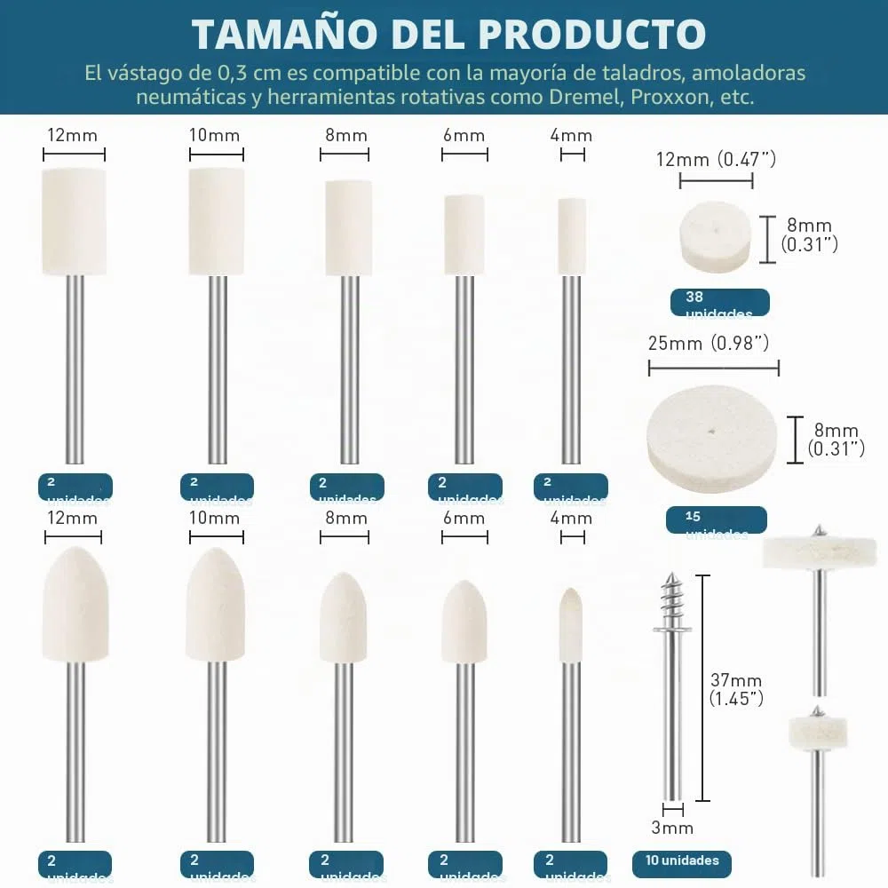 Ruedas de Pulir de Lana Compatible con Dremel, Accesorios de Pulido para Herramientas Rotativas con Vástago de 1/8", Kit de Pulir para Metal Vidrio Joyería