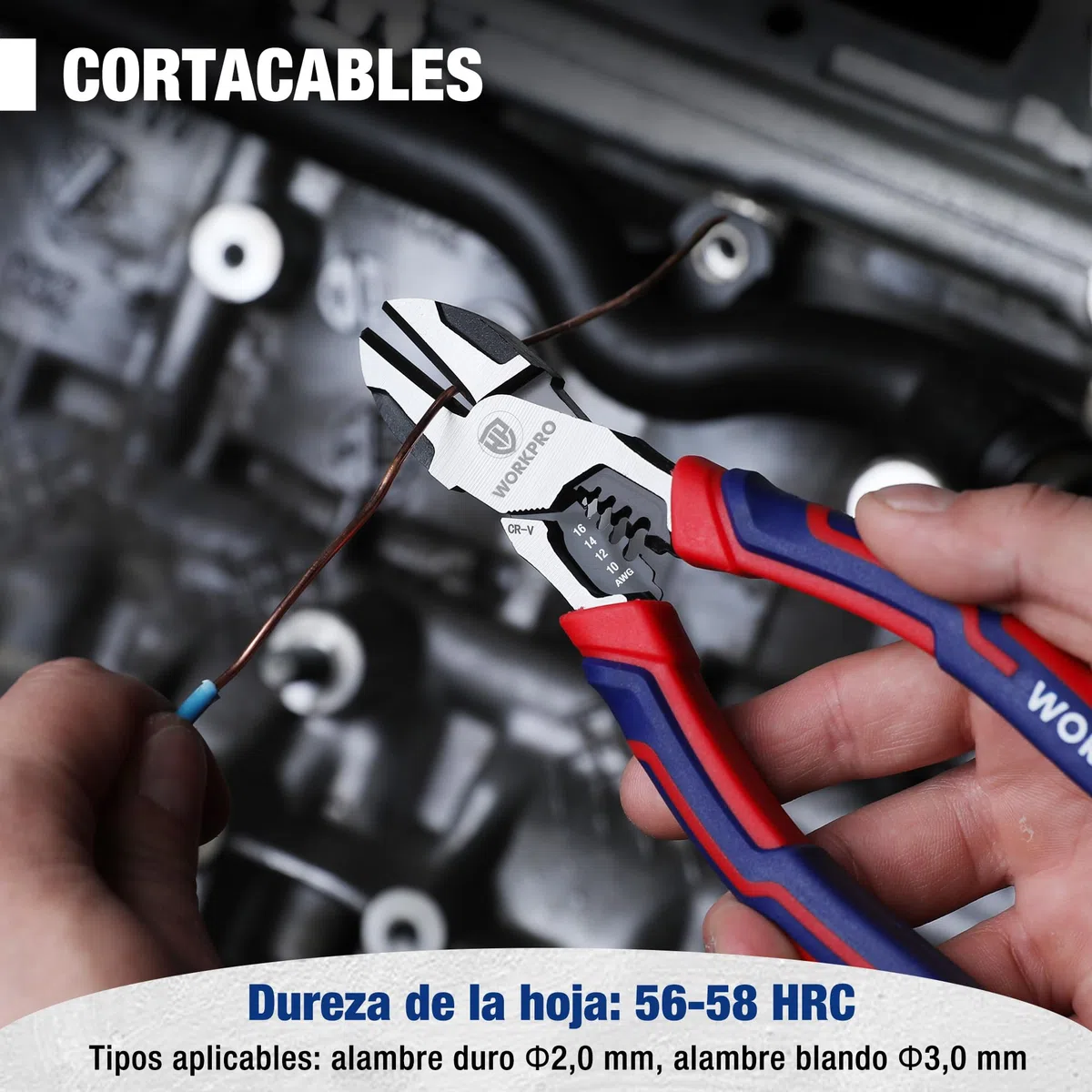 WORKPRO Alicates de Corte Diagonal, Cortadora Diagonal Professional 2 en 1, Pelacables, Cortador de Alambre, Acero Cromo Vanadio, con Mango Antideslizante (longitud 196 mm)