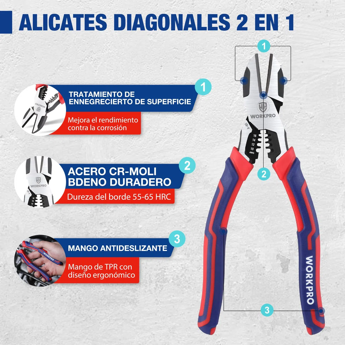 WORKPRO Alicates de Corte Diagonal, Cortadora Diagonal Professional 2 en 1, Pelacables, Cortador de Alambre, Acero Cromo Vanadio, con Mango Antideslizante (longitud 196 mm)