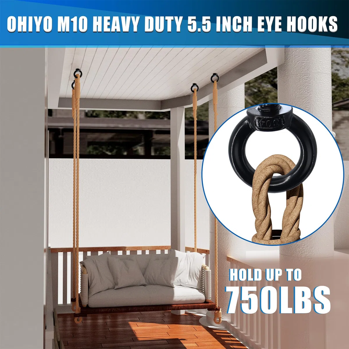 OHIYO Ganchos de ojo resistentes de 5.5 pulgadas M10 autorroscantes con capacidad de carga de 750 libras, ganchos de ojo de rosca resistentes para soporte de hamaca, silla columpio, yoga, usos pesados
