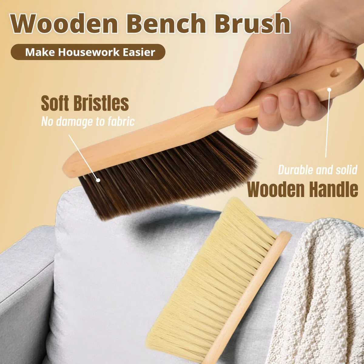 Woooden - 2 cepillos para polvo de mano con mango largo de madera, cepillo de cerdas suaves para encimera, cama, sofá, coche, chimenea, ropa, limpieza del hogar (marrón, caqui)