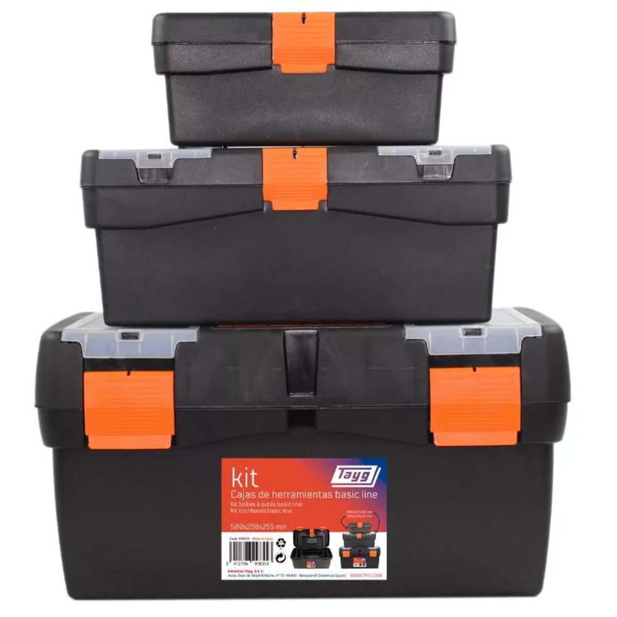 Tayg Pack 3 Cajas Herramientas Basic Line 12” + 16” + 20” - Soporta hasta 120 kg, Cierres de Plástico, Caja Herramientas Vacia, Polipropileno 100% Reciclado