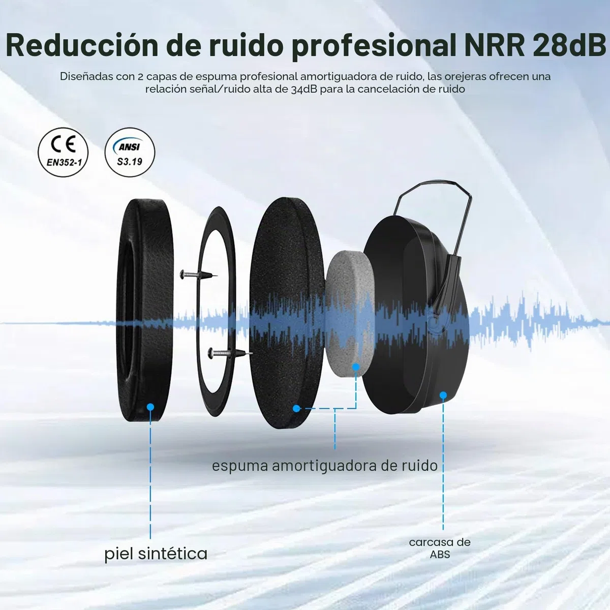 Procase Orejeras Profesionales de Reducción de Ruido, SNR 34 dB Cascos Ajustables Antiruidos para Disparos, Orejeras con Bloqueo de Sonido para Caza, Maquinaria de Construcción, Trabajo, Siega -Negro