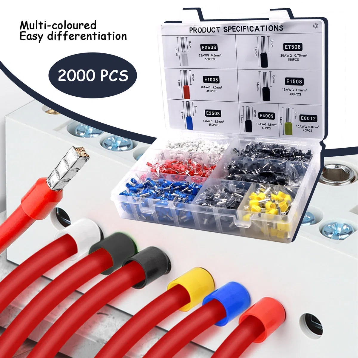 Juego de punteras para cables, 2000 piezas, juego de punteras para cables de 0,5-10 mm² (22-7 AWG), fundas para cables aisladas, surtido de punteras para cables para conexión de cables