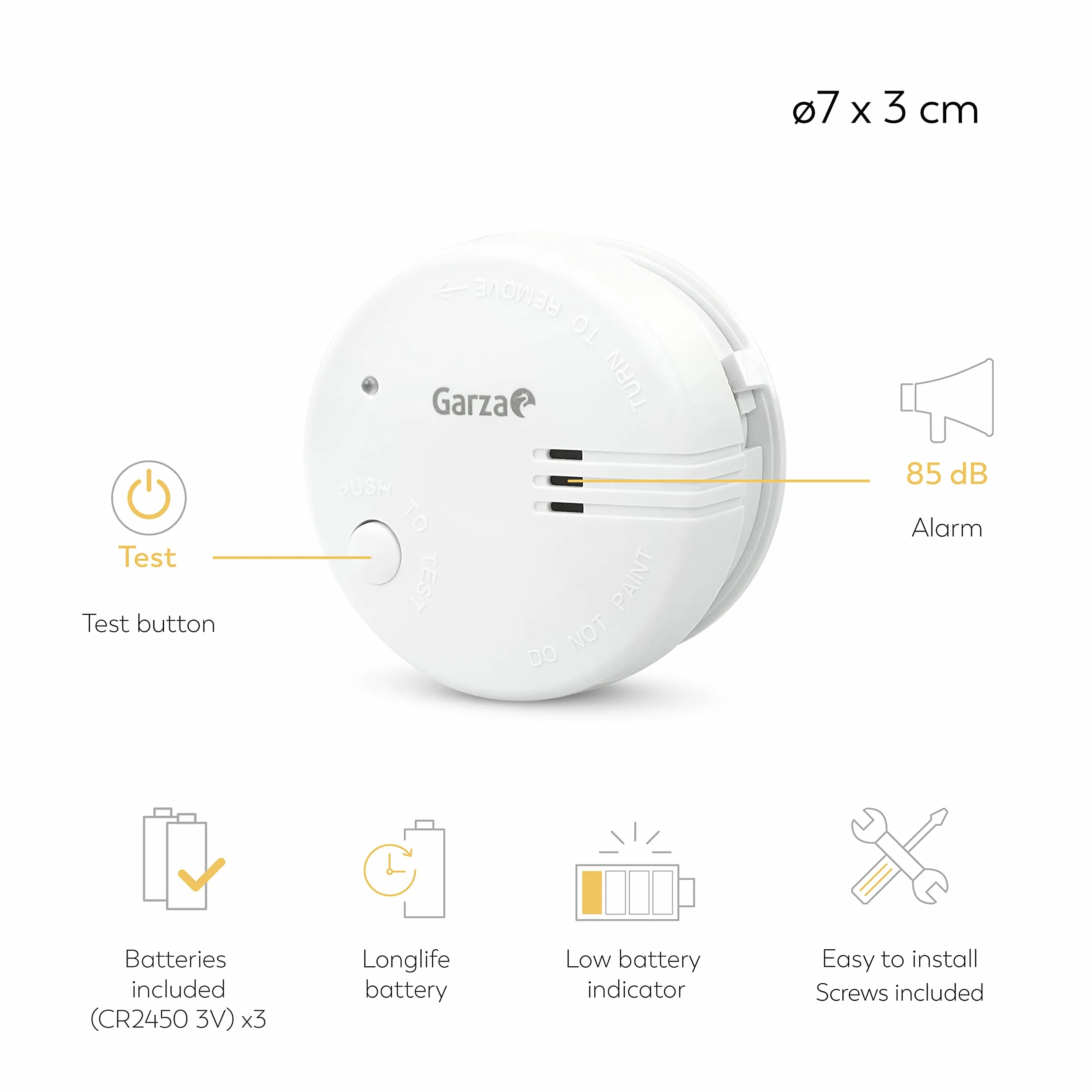 Garza - Pack de 2 Detectores de Humo Mini, Diseño Ultracompacto, Sensor Fotoeléctrico, Alarma 85dB, Batería 9V Incluida, Instalación sin Cables, Indicador LED y Botón Test