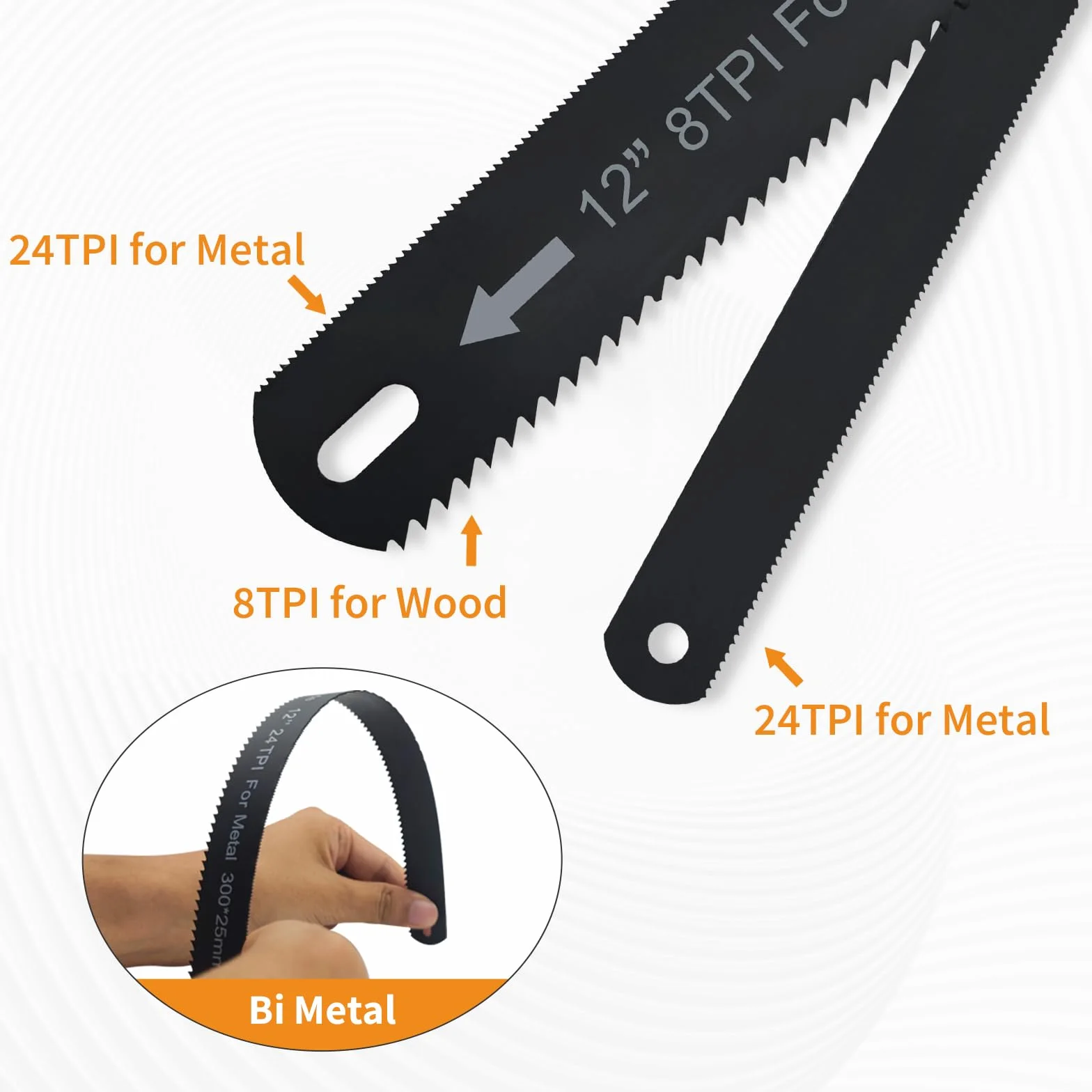 BOOSDEN Sierra para metales ajustable con 4 cuchillas de 12 pulgadas (2 bimetálicas 8TPI/24TPI + 2 HSS 24TPI), sierras de metal, sierra para metales para cortar madera, PVC - Mini sierra para metales