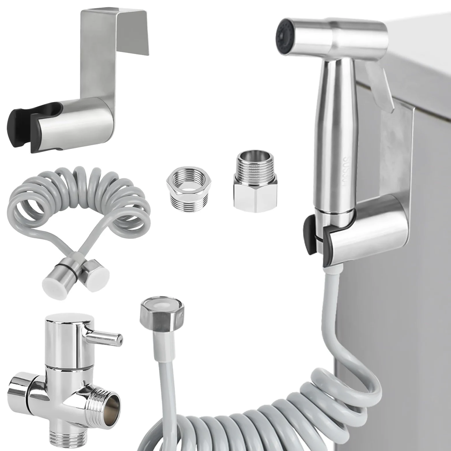 Ducha Bidet para Wc, Grifo Wc Higienico Inoxidable con Válvula de 3 Vías (1/2"-3/8"), para Mascotas, La Higiene Personal (A)