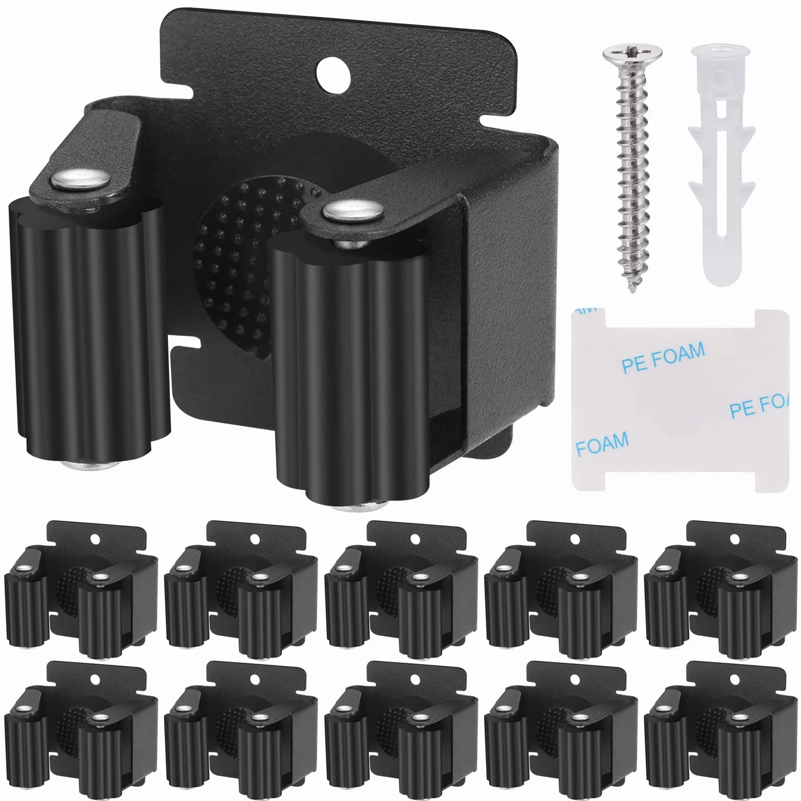 Hejo 10 Piezas Soporte Escobas Pared, Colgador Escobas y Fregonas, Cuelga Escobas Pared de Almacenamiento, Gancho Autoadhesivo Para Escoba Adecuado para Cocinas, Garajes, Baños y Oficinas Negro