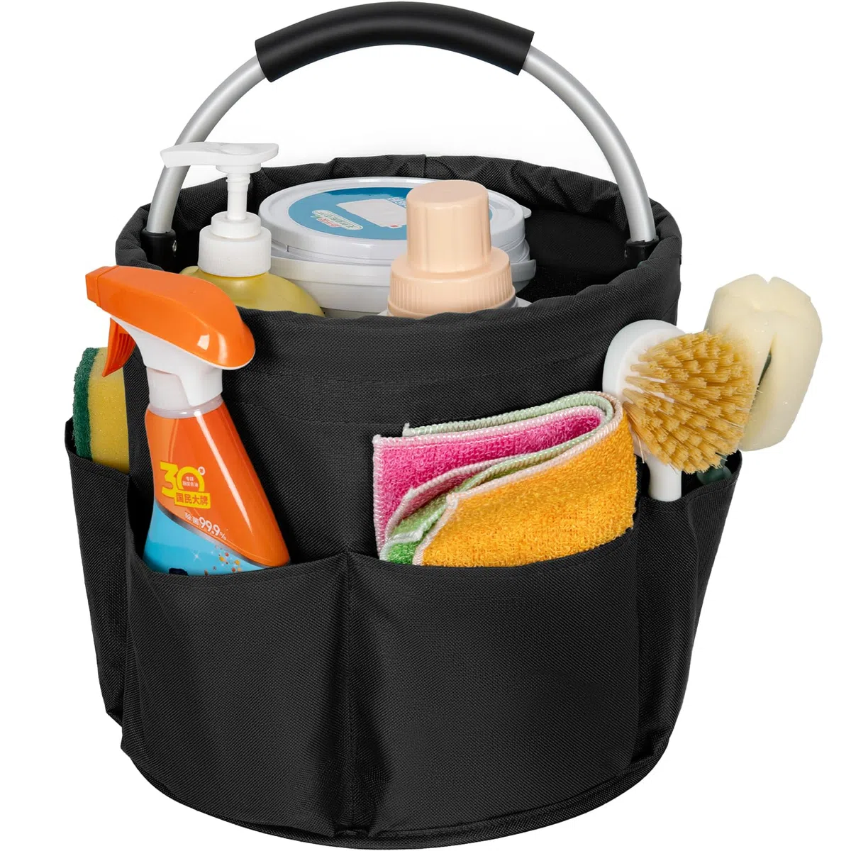 Organizador de limpieza plegable con asa - Cubo de limpieza - Bolsa de herramientas de limpieza multibolsillos para limpiadores y amas de casa, negro